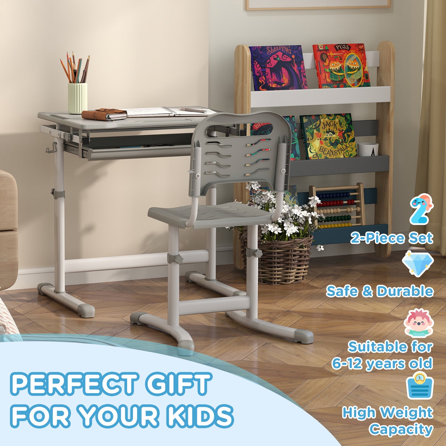 Height Adjustable Study Table and Chair Set with Drawer, Pen Slot, Tiltable Desktop, Hook, Grey Kids Desk Sets   at Gallery Canada