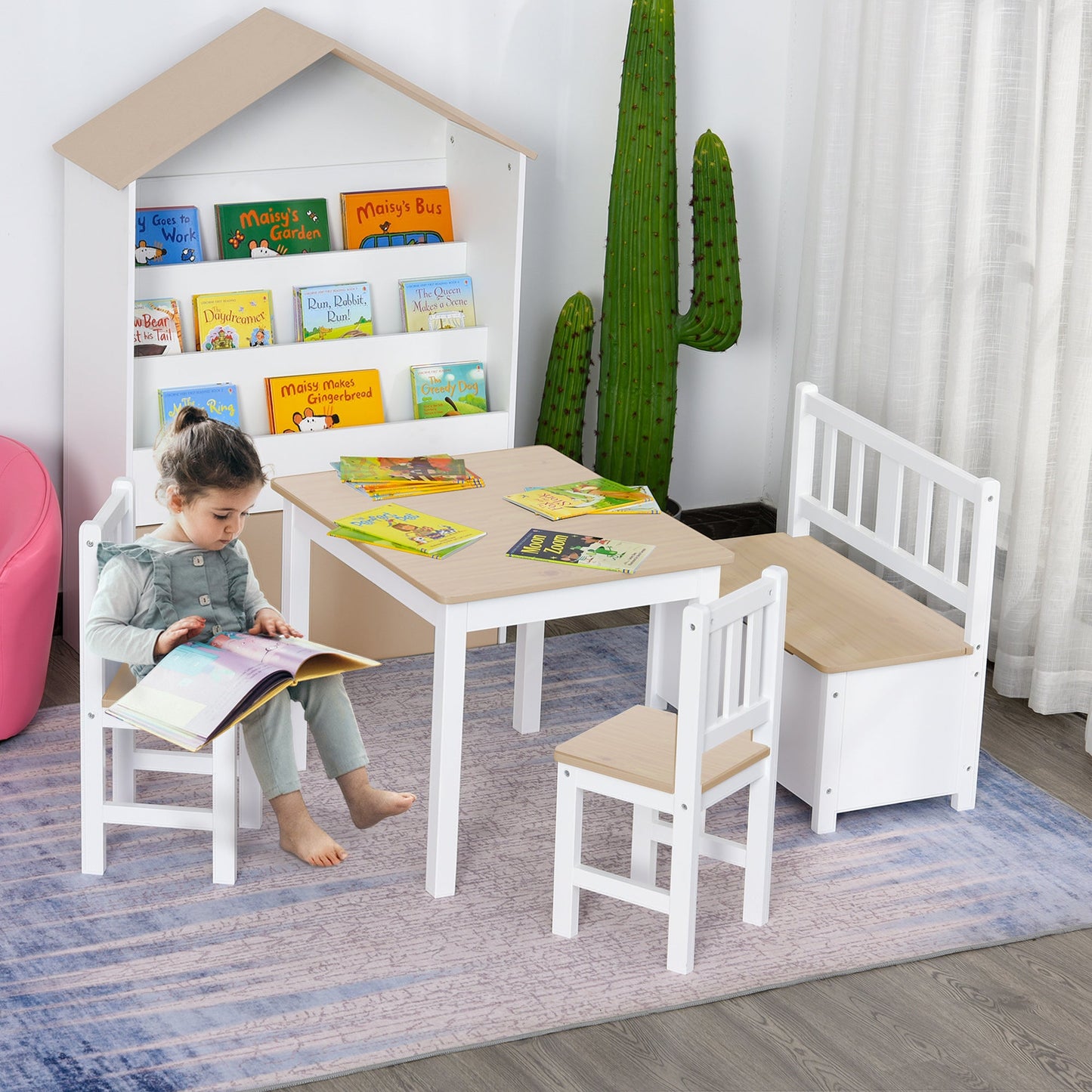 4-Piece Set Kids Wood Table Chair Bench with Storage Function Easy to Clean Gift for Girls Boys Toddlers Age 3 Years up Natural and White Kids Table Sets   at Gallery Canada