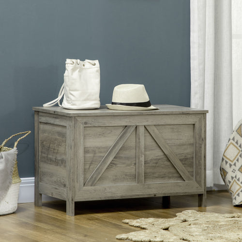 Storage Trunk Box Organizer with Farmhouse Panel, Safety Hinge to Open Up 100°, Grey Wood Grain