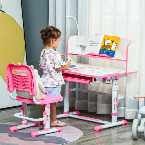 Kids Desk and Chair Set Height Adjustable Student Writing Desk Children School Study Table with LED Lamp, Bookshelf, Drawer, Reading Board, Pen Slot, Hook, Pink