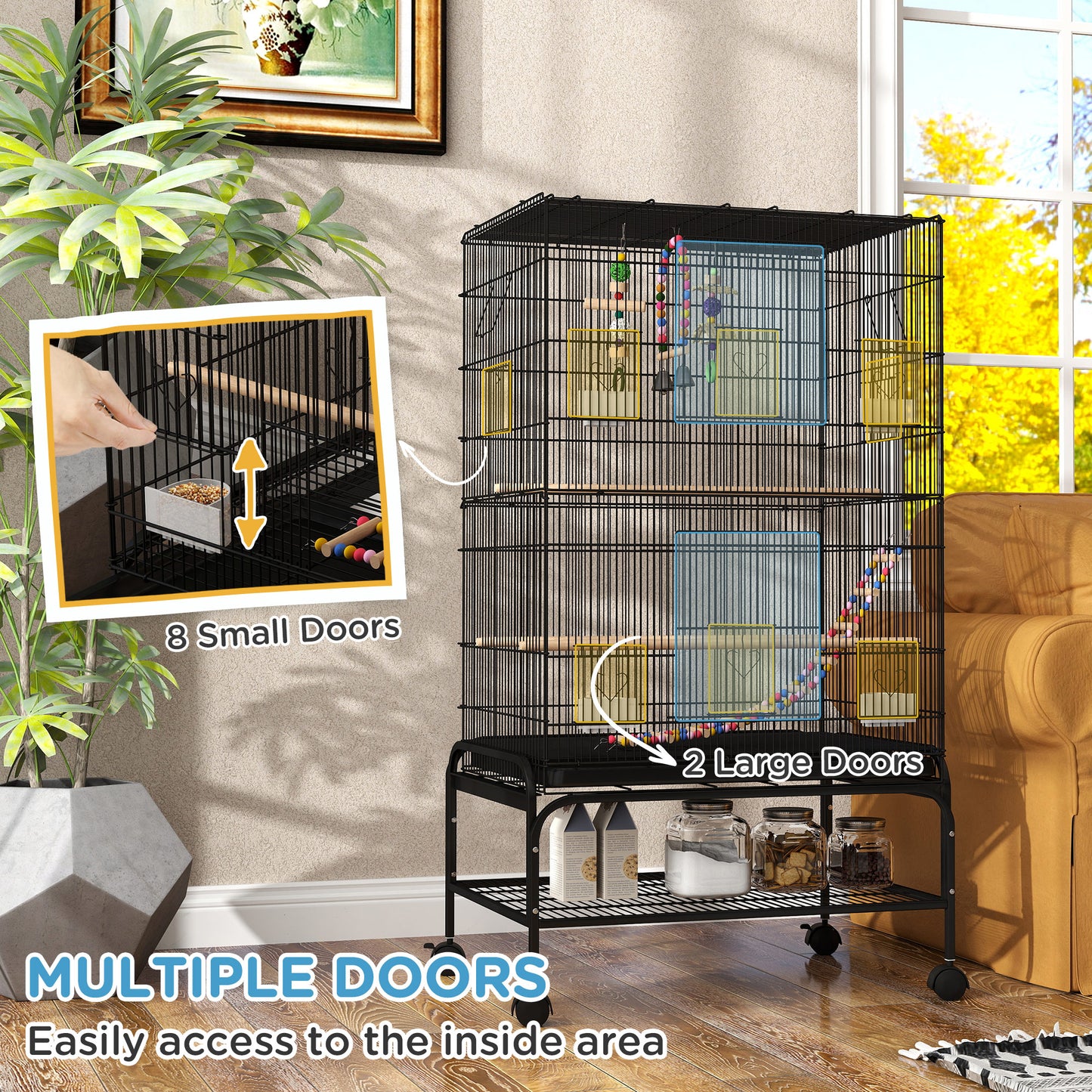 43" Bird Cage with Rolling Stand, Toys, for Budgies Canaries Black Bird Cages   at Gallery Canada