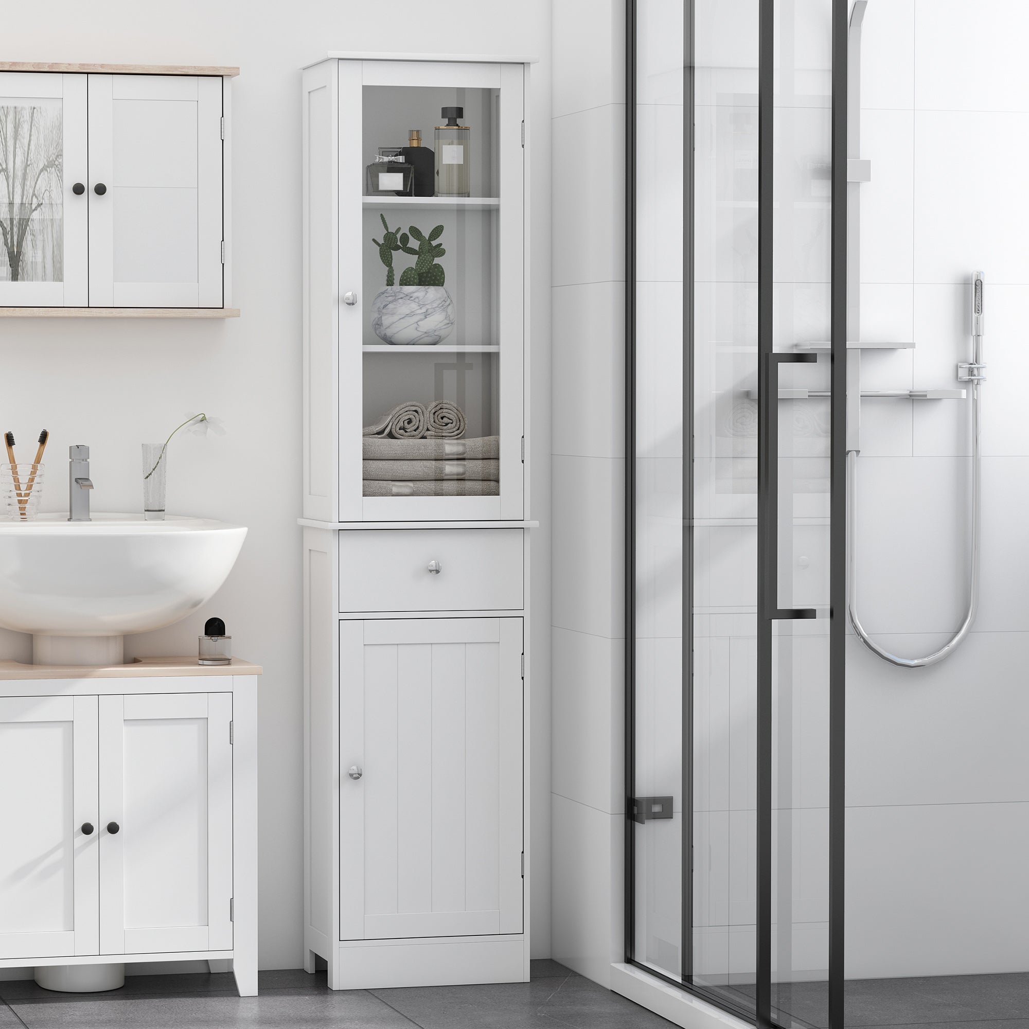 Tall Bathroom Cabinet, Bathroom Storage Cabinet with Drawers, 2 Doors and Adjustable Shelves, White Bathroom Cabinets at Gallery Canada
