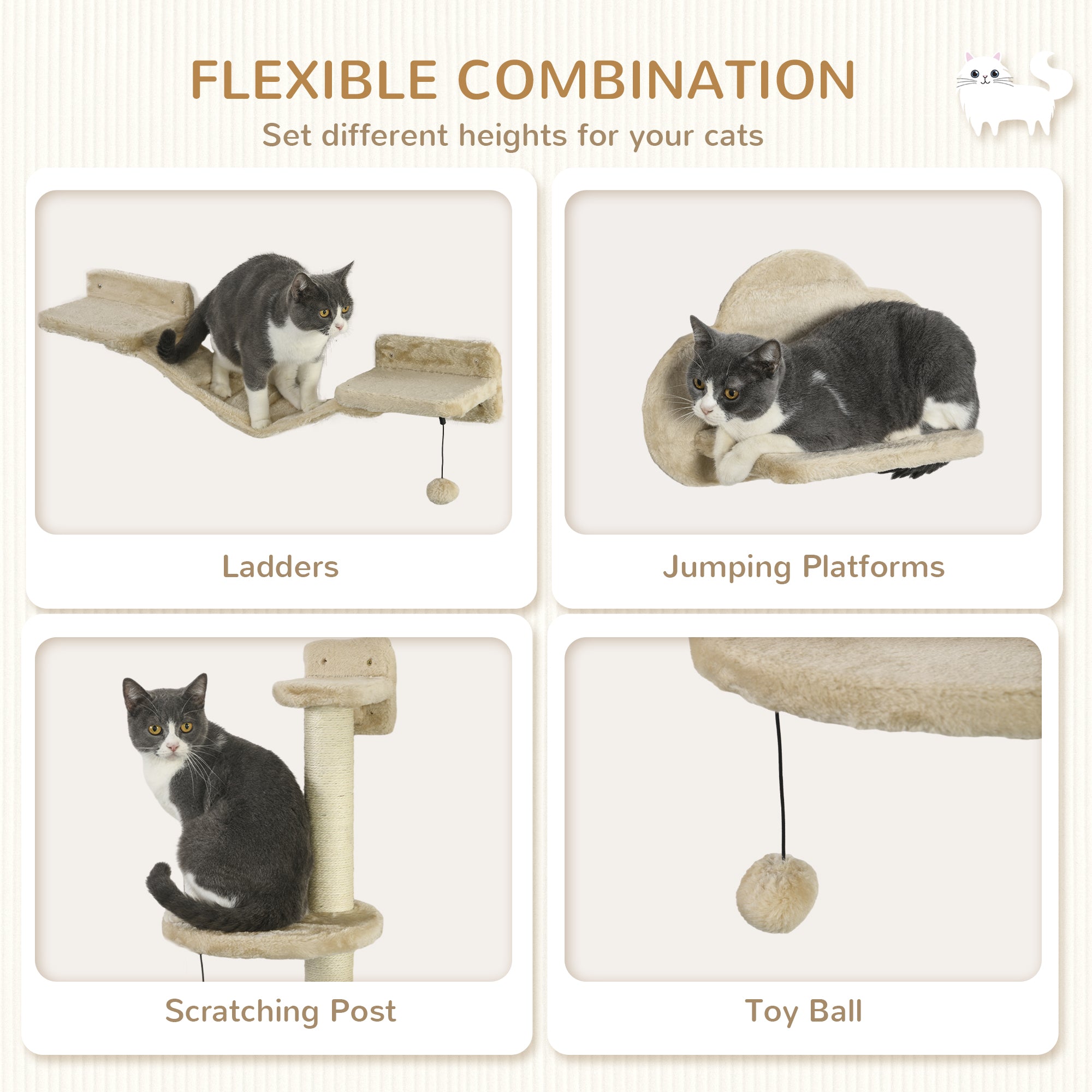 3 PCs Cat Wall Climber with Scratching Post, Ladder, Perches, Cloud-Shaped Cat Shelves, Beige Cat Climbing Wall at Gallery Canada