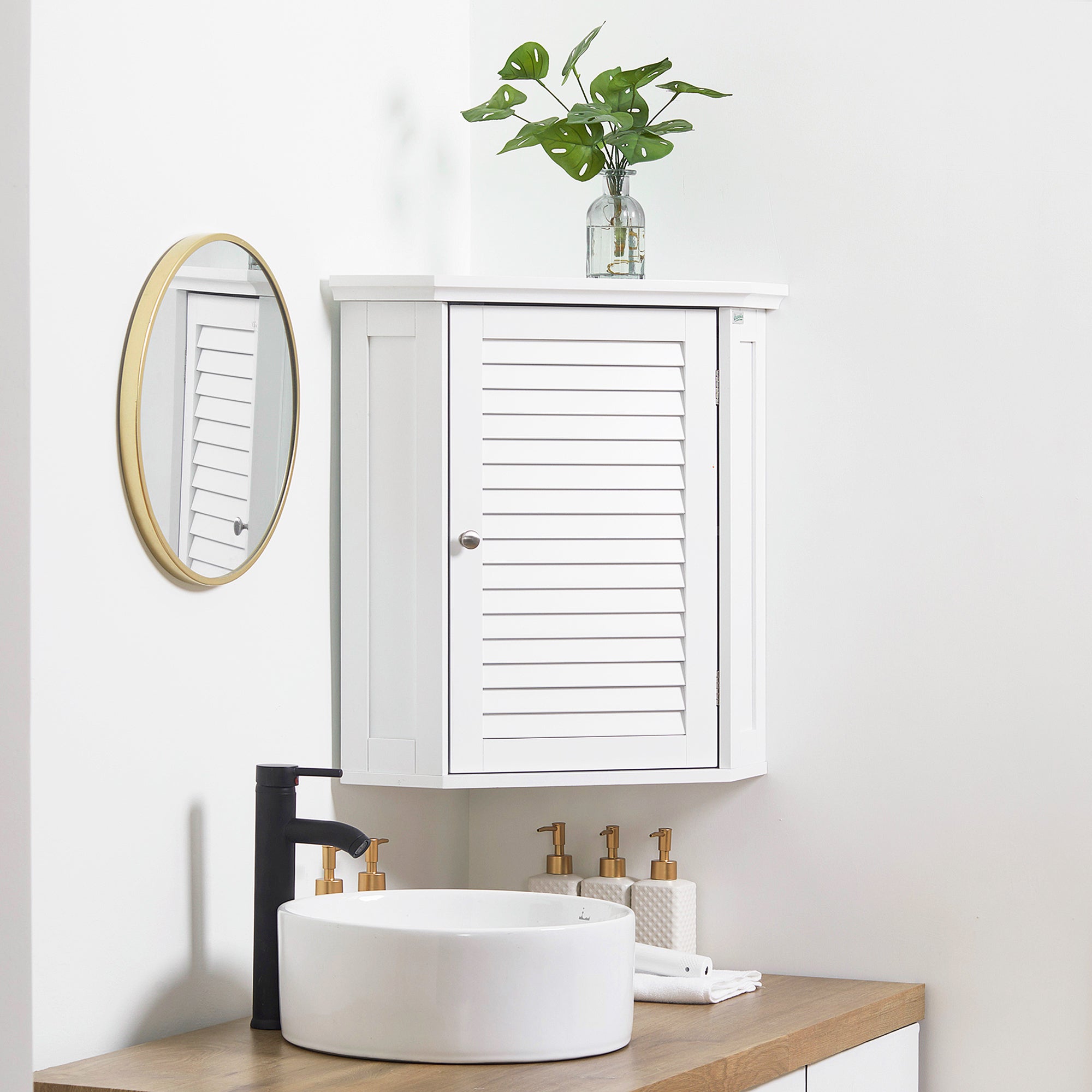 Corner Wall Cabinet, Over the Toilet Storage Cabinet with Shutter Door and Adjustable Shelf for Bathroom, Space Saving, White Wall Mounted Cabinets   at Gallery Canada