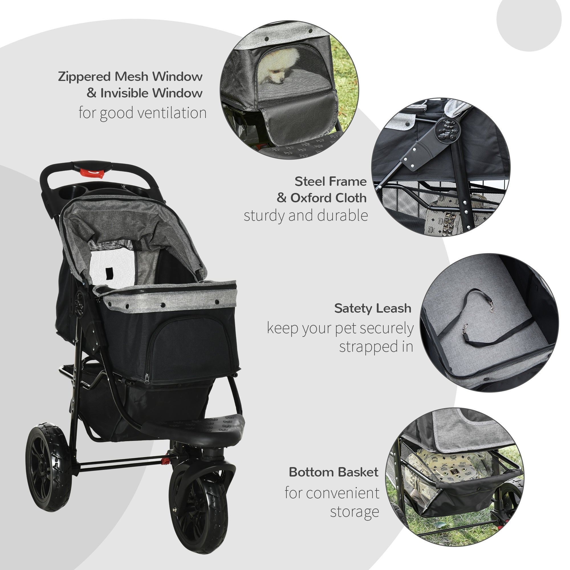 3 Wheel Folding Dog Stroller, Jogger Travel Carrier with Adjustable Canopy, Storage Brake, Mesh Window for S&;M Dogs Grey Dog Bike Trailers & Strollers   at Gallery Canada