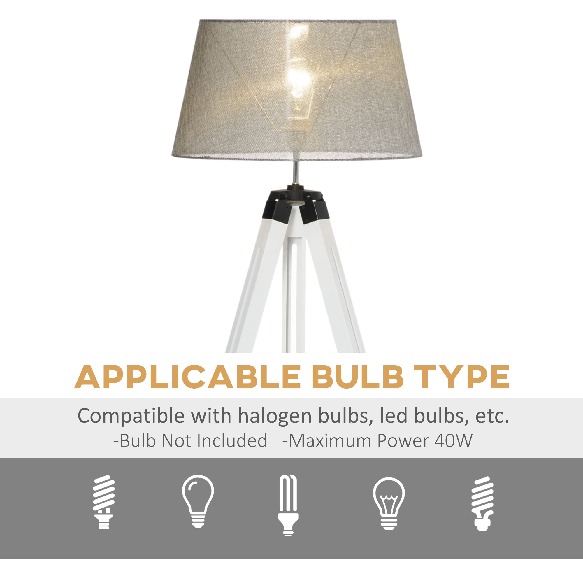 Tripod Floor Lamp, Adjustable Height Wooden Standing Lamp with E26 Lamp Base for Living Room, Bedroom, White and Grey Floor Lamps & Ceiling Fan Lights at Gallery Canada
