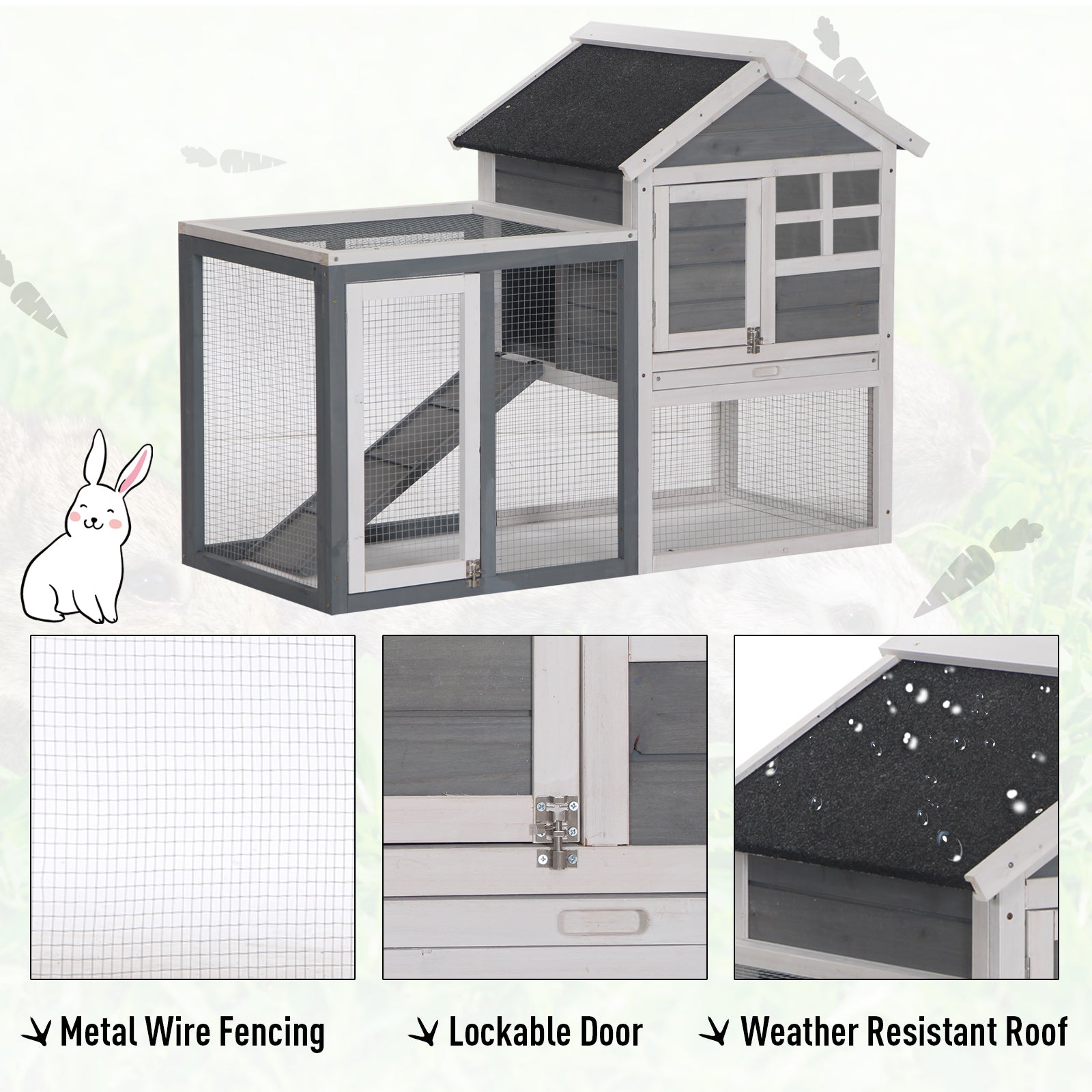 48" Weatherproof Wooden Rabbit Hutch With Slant Roof And Screened Outdoor Run, Grey Rabbit Hutch   at Gallery Canada