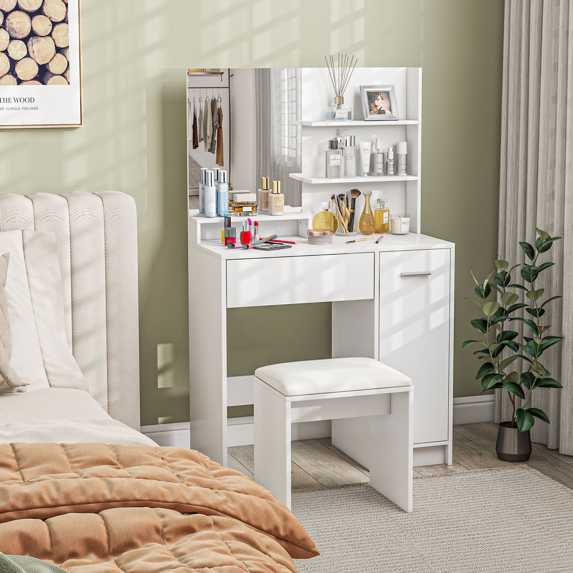 Vanity Set with Mirror and Stool, Makeup Vanity Table with Storage Drawer, Cabinet, Adjustable Shelf for Bedroom, White Dressing & Vanity Tables   at Gallery Canada