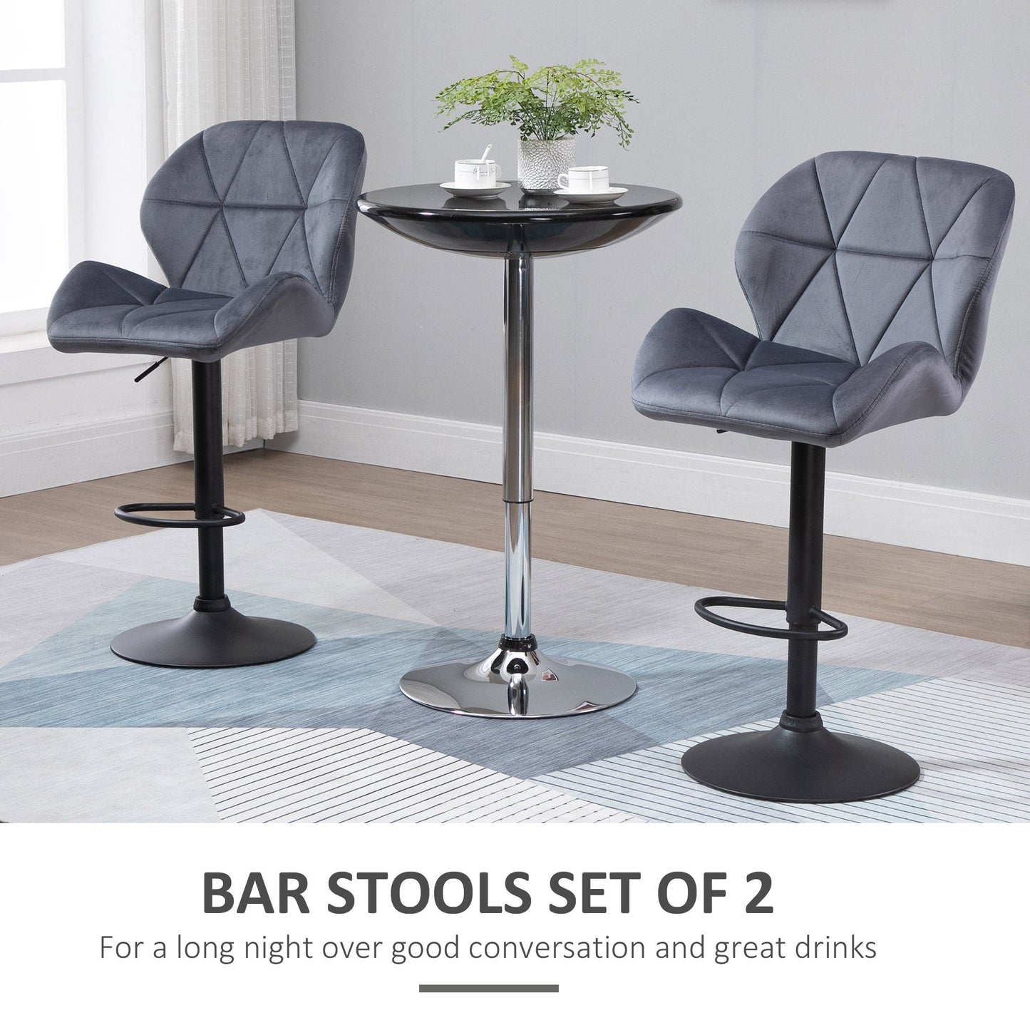 Bar Stool Set of 2 Fabric Adjustable Height Armless Upholstered Counter Chairs with Swivel Seat, Grey Bar Stools   at Gallery Canada