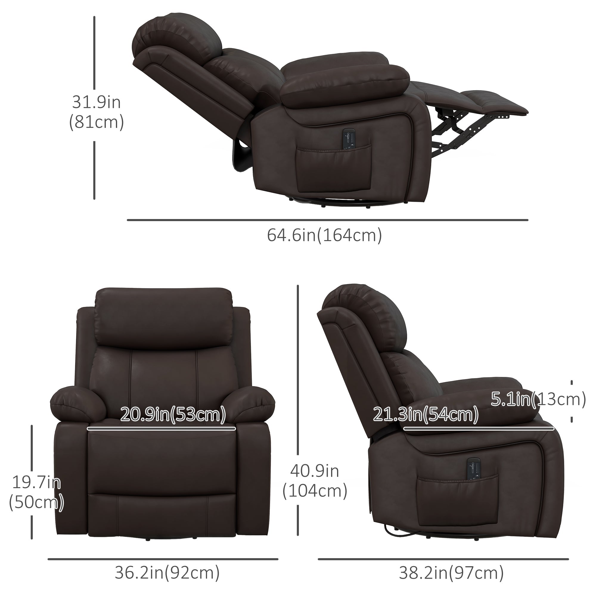 PU Leather Reclining Chair with Vibration Massage Recliner, Swivel Base, Rocking Function, Remote Control, Brown Single Sofas   at Gallery Canada