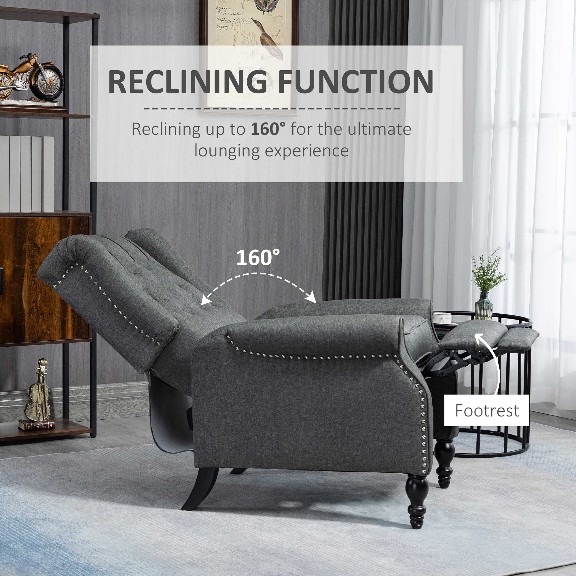 Wingback Reclining Chair with Footrest, Button Tufted Recliner Chair with Rolled Armrests for Living Room, Dark Grey Single Sofas   at Gallery Canada