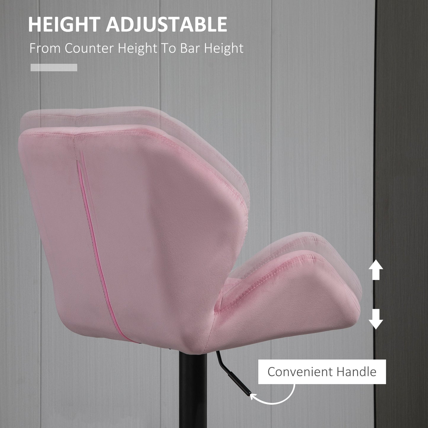 Velvet-Touch Bar Stool Set of 2 Fabric Adjustable Height Armless Counter Chairs with Swivel Seat, Pink Bar Stools   at Gallery Canada