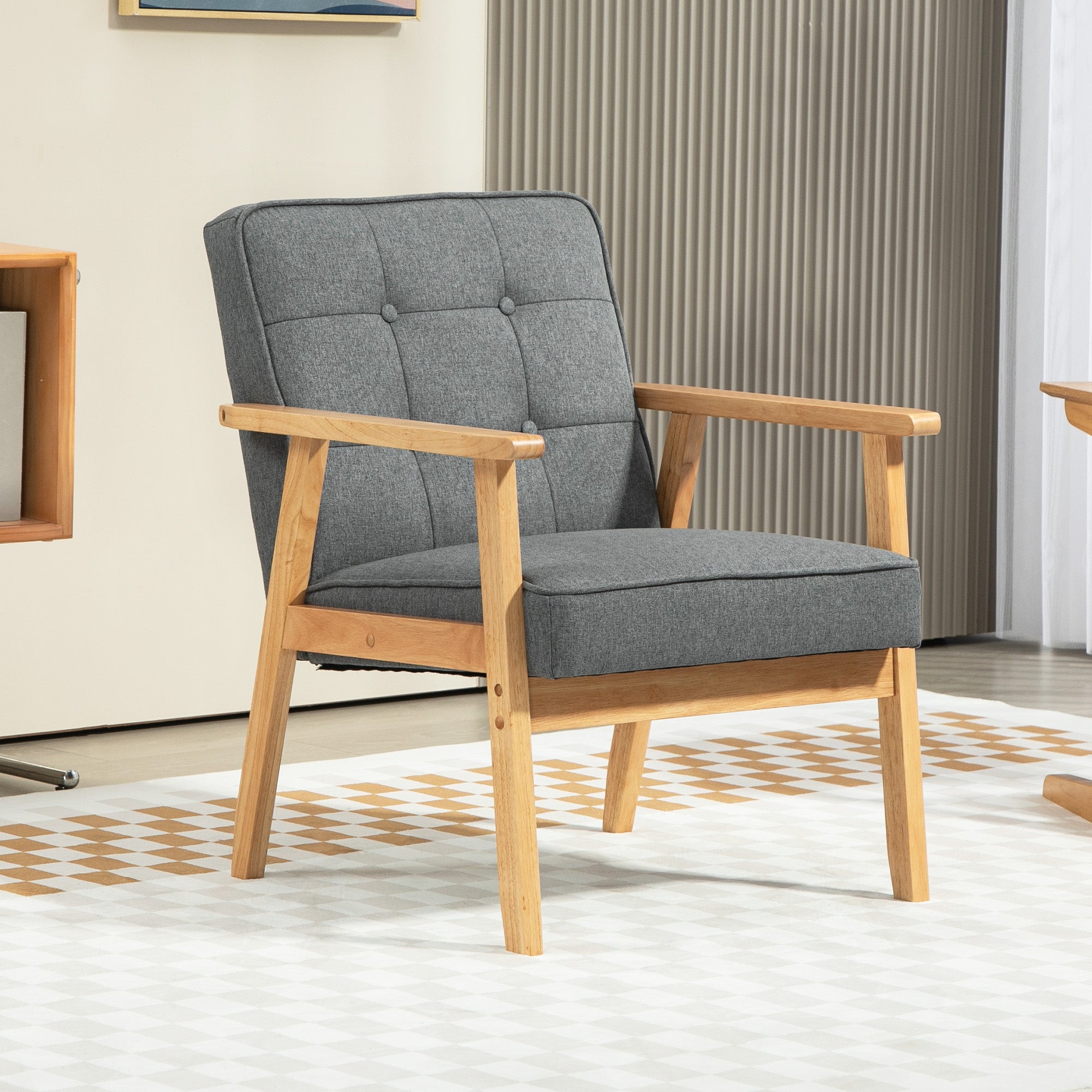 Modern Accent Chair with Button Tufted Back, Line-feel Fabric Armchair with Solid Wood Frame for Bedroom, Grey Accent Chairs at Gallery Canada