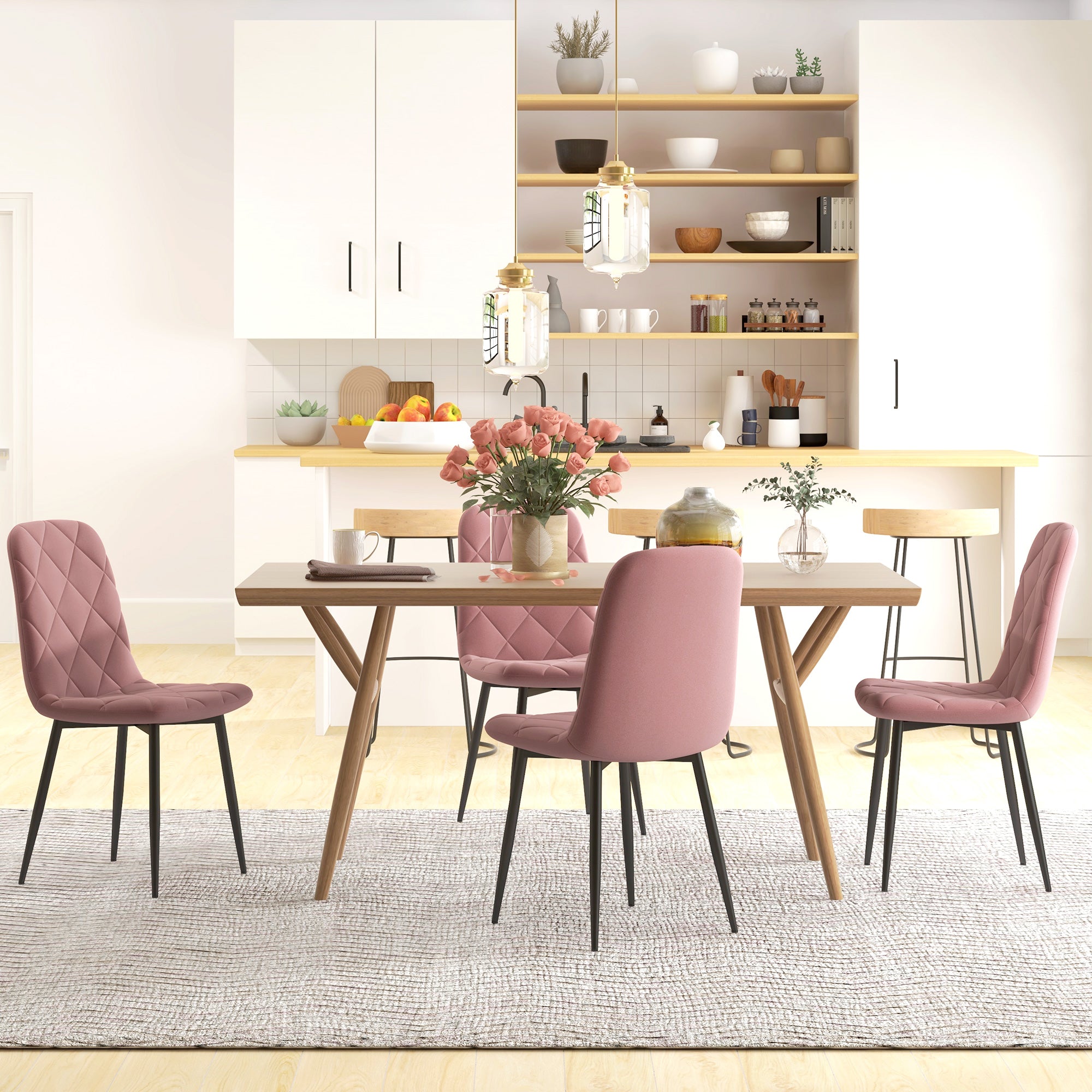 Dining Chairs Set of 4, Upholstered Dining Room Chairs with Steel Legs, Modern Kitchen Chair for Dining Room, Pink Dining Chairs   at Gallery Canada