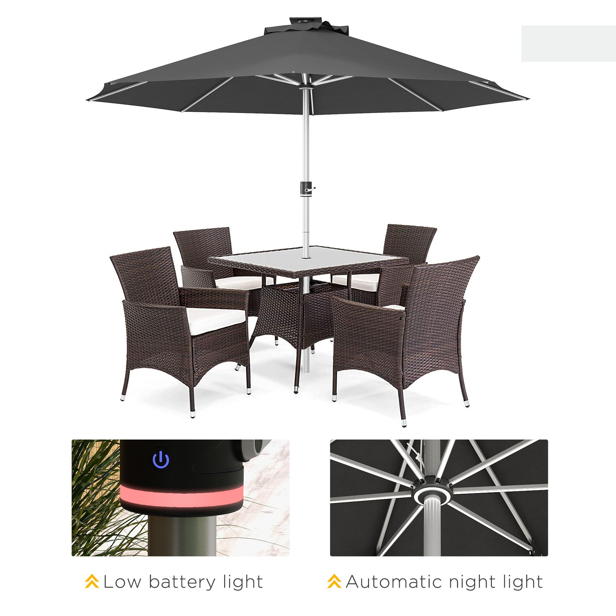 LED Patio Umbrella, Lighted Deck Umbrella with 4 Lighting Modes, Solar &; USB Charging, Charcoal Grey Sun Umbrellas   at Gallery Canada