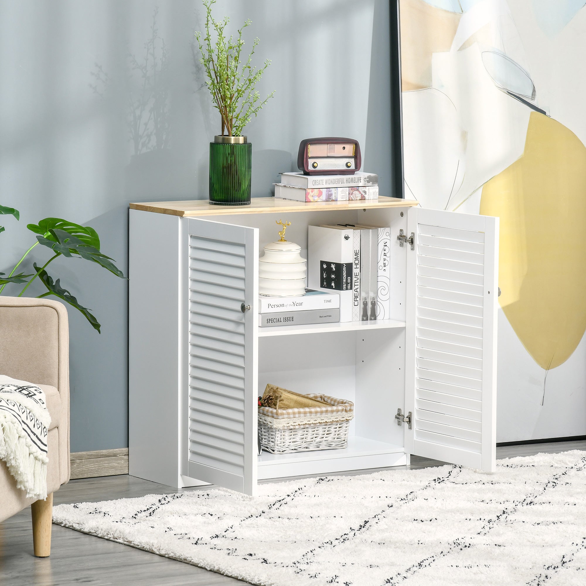 Storage Cabinet Kitchen Sideboard with Louvered Doors, Freestanding Bathroom Cabinet for Living Room, Hallway, White Storage Cabinets   at Gallery Canada