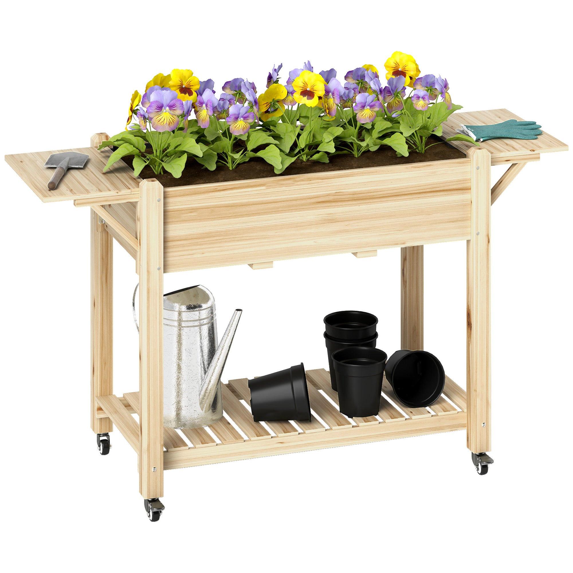 Raised Garden Bed, Wood Planter Box with Lockable Wheels, Side Tables, Bottom Shelf, Bed Liner, Drain Holes, Natural Raised Garden Beds at Gallery Canada