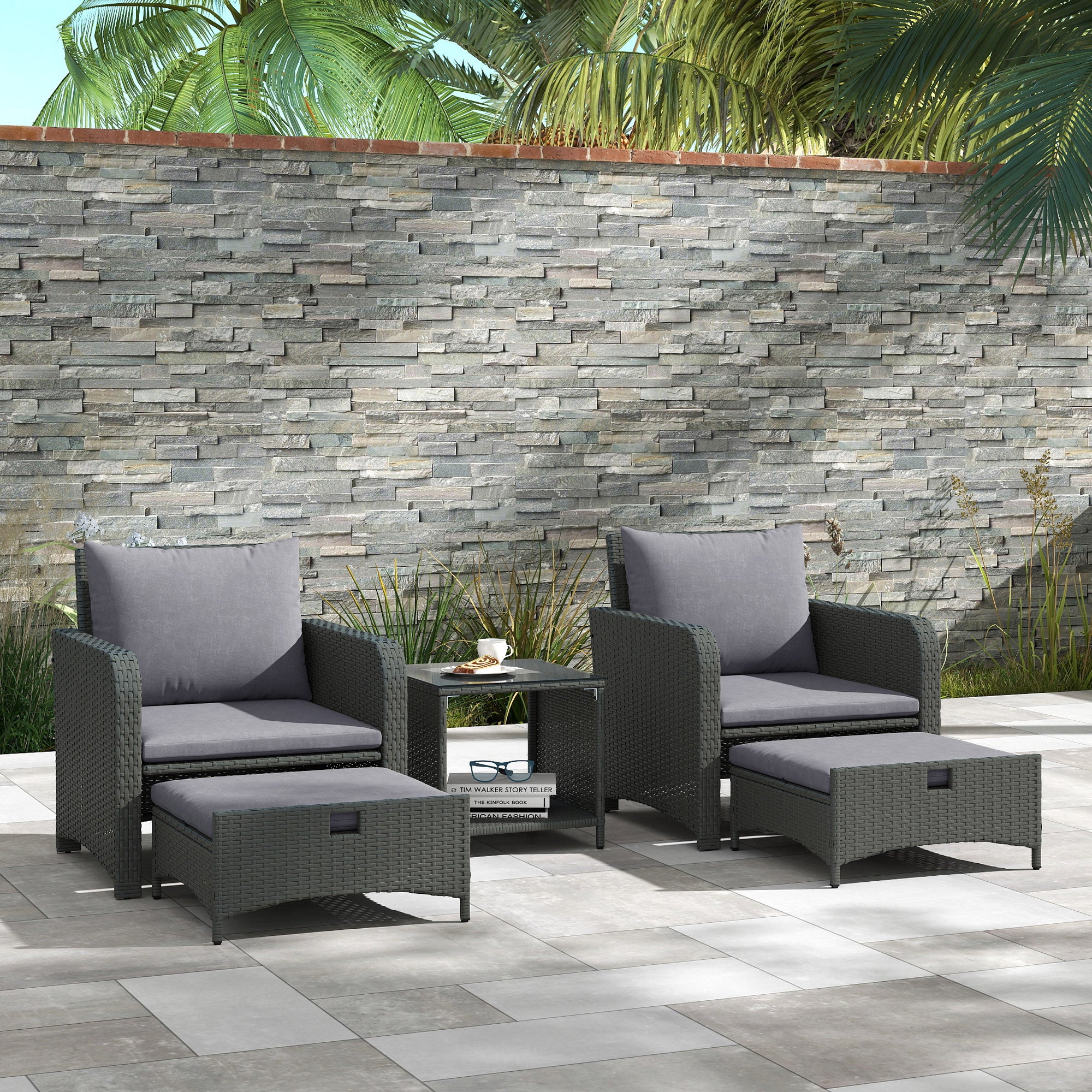 5 Piece Rattan Balcony Furniture Set, Wicker Outdoor Furniture Set with 2-Tier Coffee Table, Ottomans, Grey Patio Furniture Sets at Gallery Canada