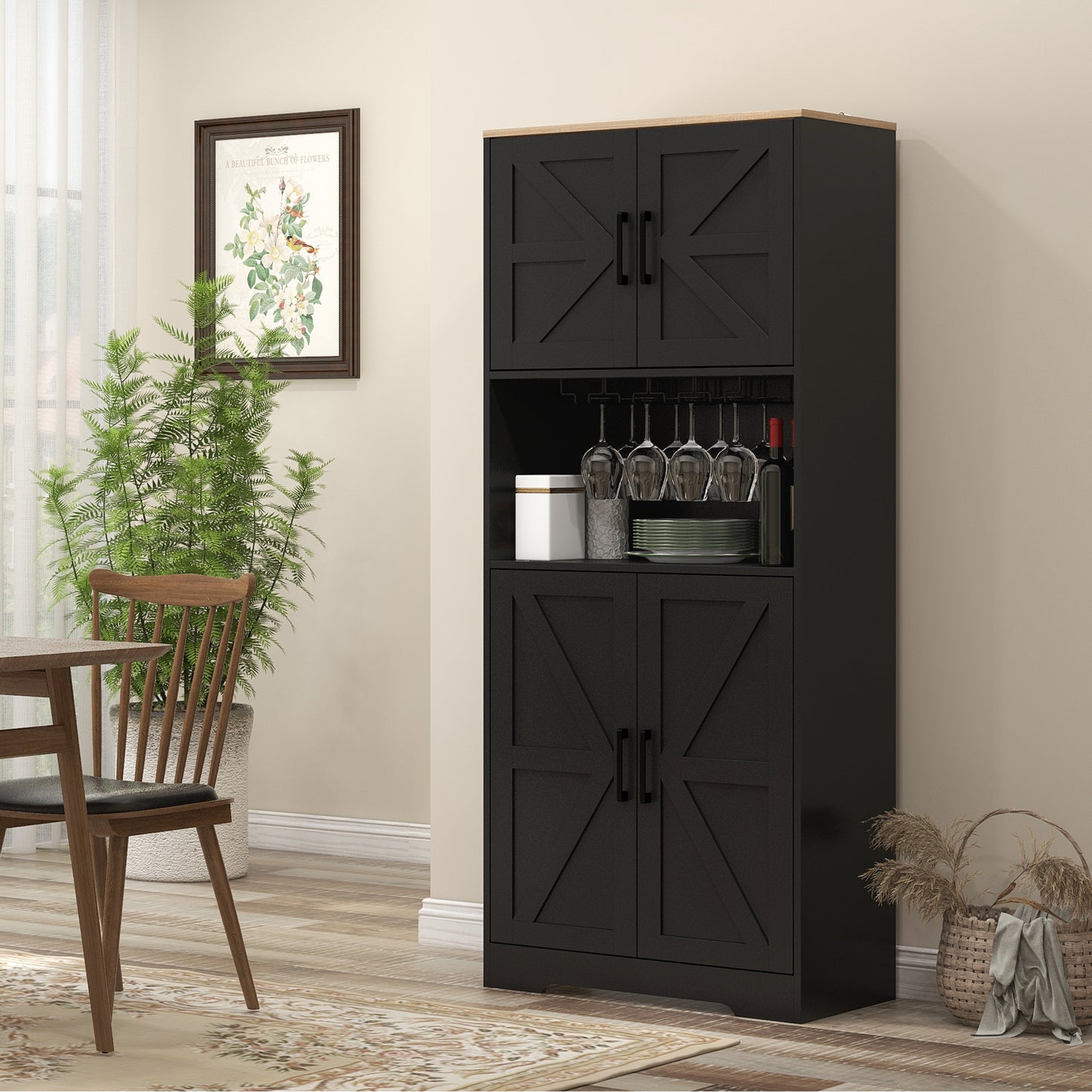 Farmhouse Kitchen Pantry, 68" Freestanding Hutch Storage Cabinet with Microwave Oven Countertop, Black Kitchen Pantry Cabinets   at Gallery Canada