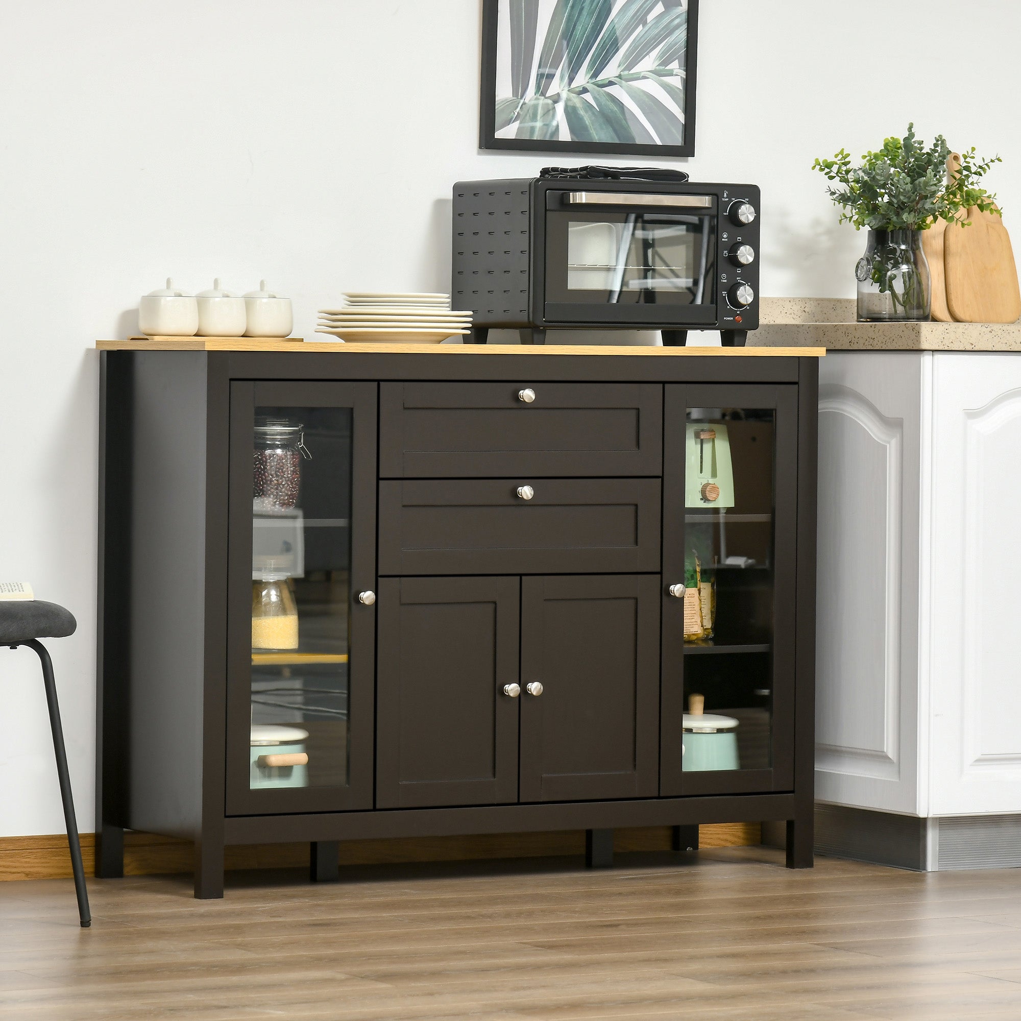 Buffet Cabinet Sideboard with 2 Drawers, 3 Storage Cabinets, Glass Doors and Adjustable Shelves, Dark Brown Bar Cabinets at Gallery Canada