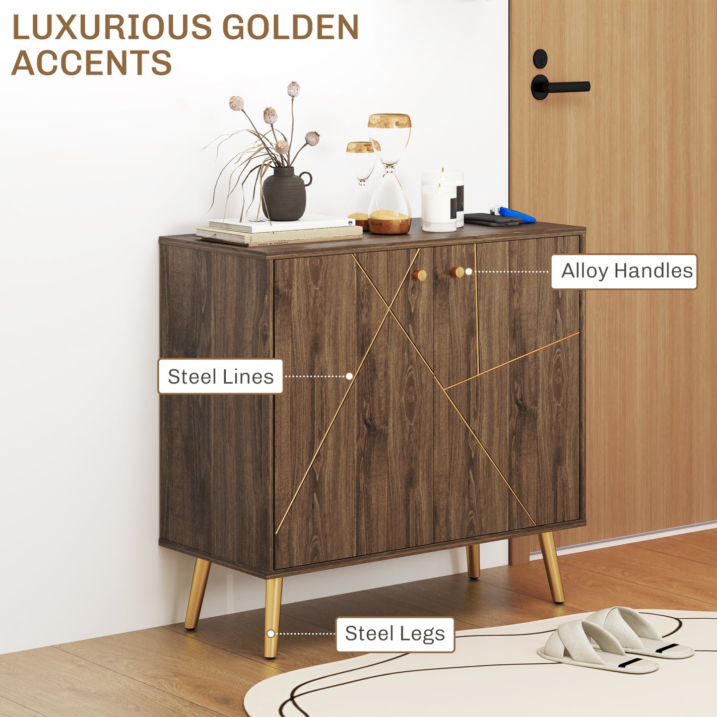 Sideboard Storage Cabinet with Luxurious Steel Lines, Brown Storage Cabinets at Gallery Canada