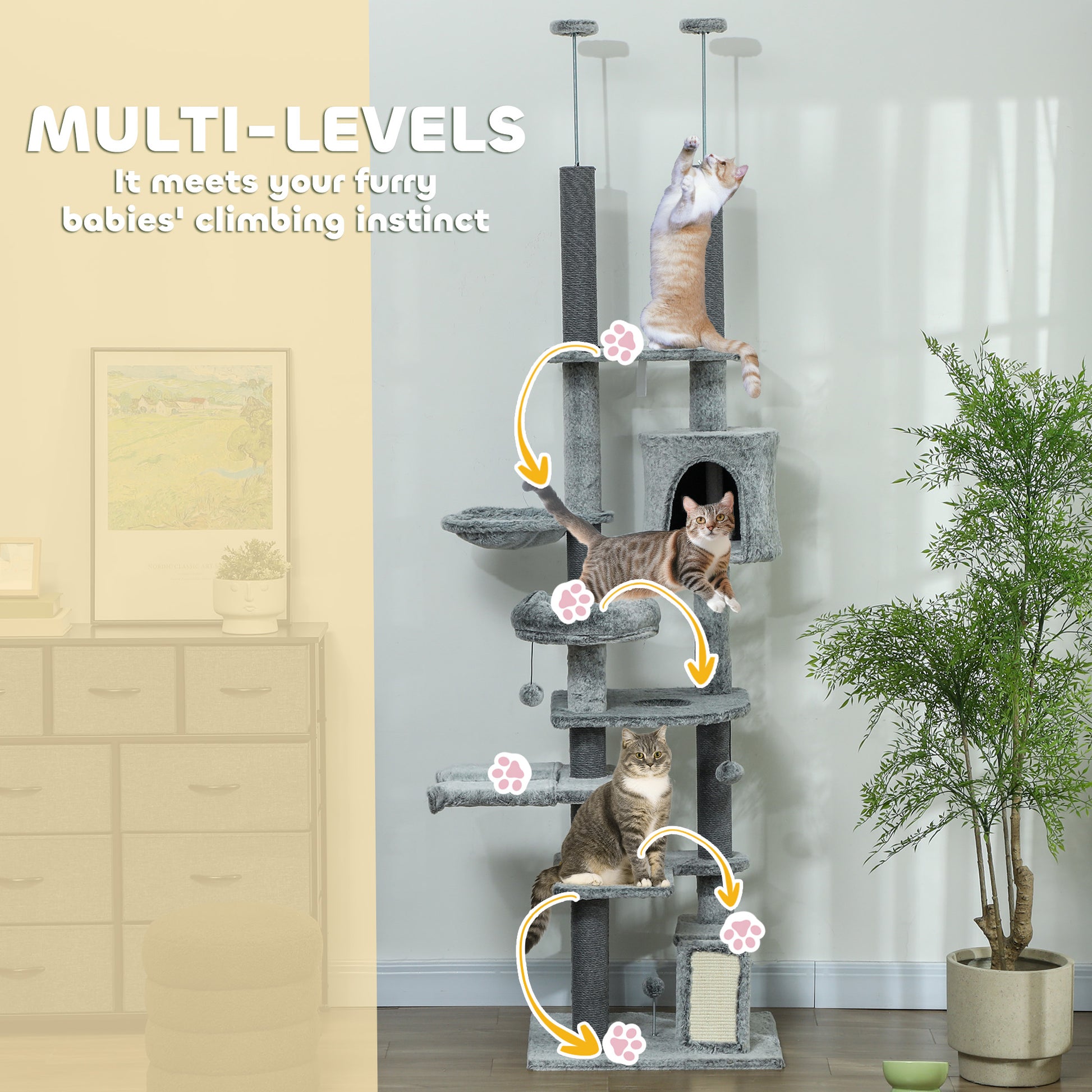 89" -100" Adjustable Height Floor to Ceiling Cat Tree, Multi Levels Cat Climbing Tower with Scratching Posts Floor to Ceiling Cat Trees   at Gallery Canada