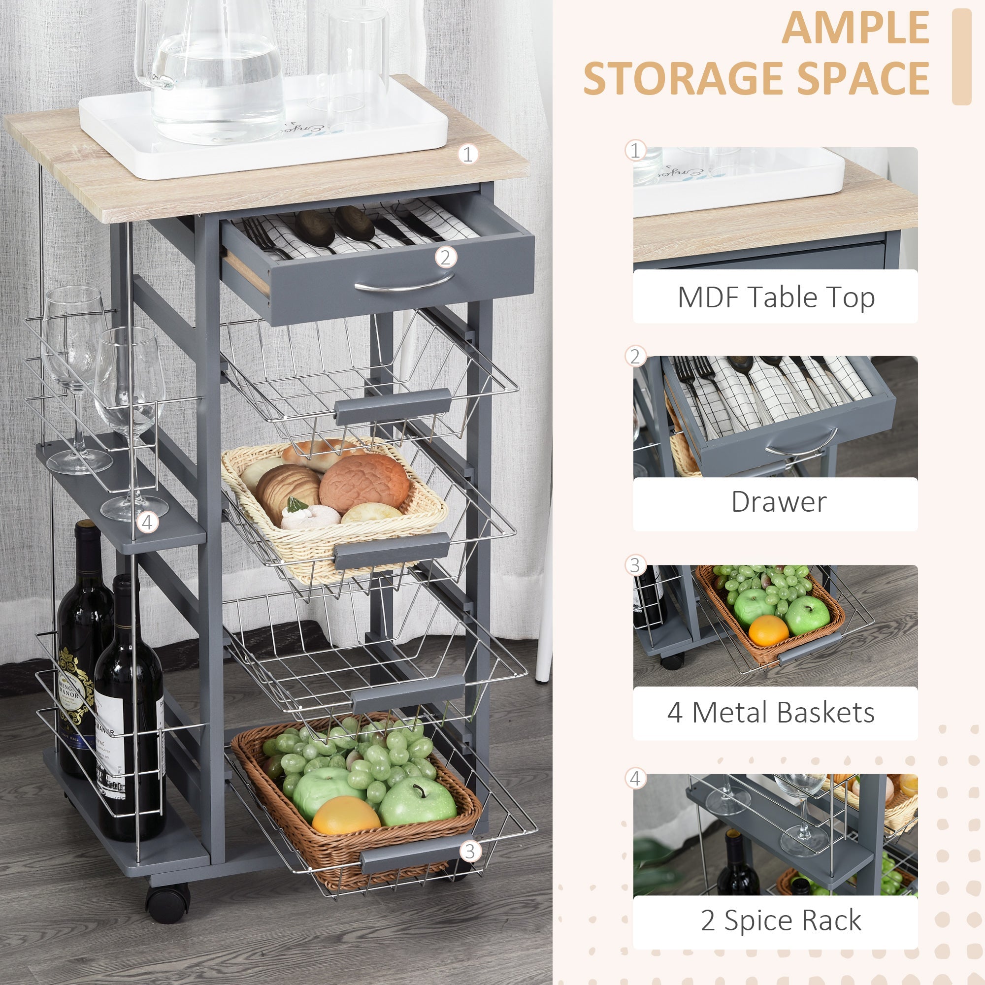 Rolling Kitchen Cart, Utility Storage Cart with 4 Baskets, Drawer, Side Racks, Wheels for Dining Room, Dark Grey Kitchen Islands & Kitchen Carts   at Gallery Canada