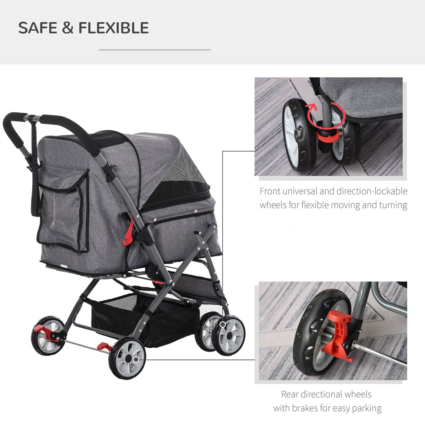 4 Wheels Pet Stroller w/ Reversible Handle, Foldable Dog Cat Travel Carriage w/ EVA Wheels Basket Storage Bag 3-stage Canopy Grey Dog Bike Trailers & Strollers   at Gallery Canada