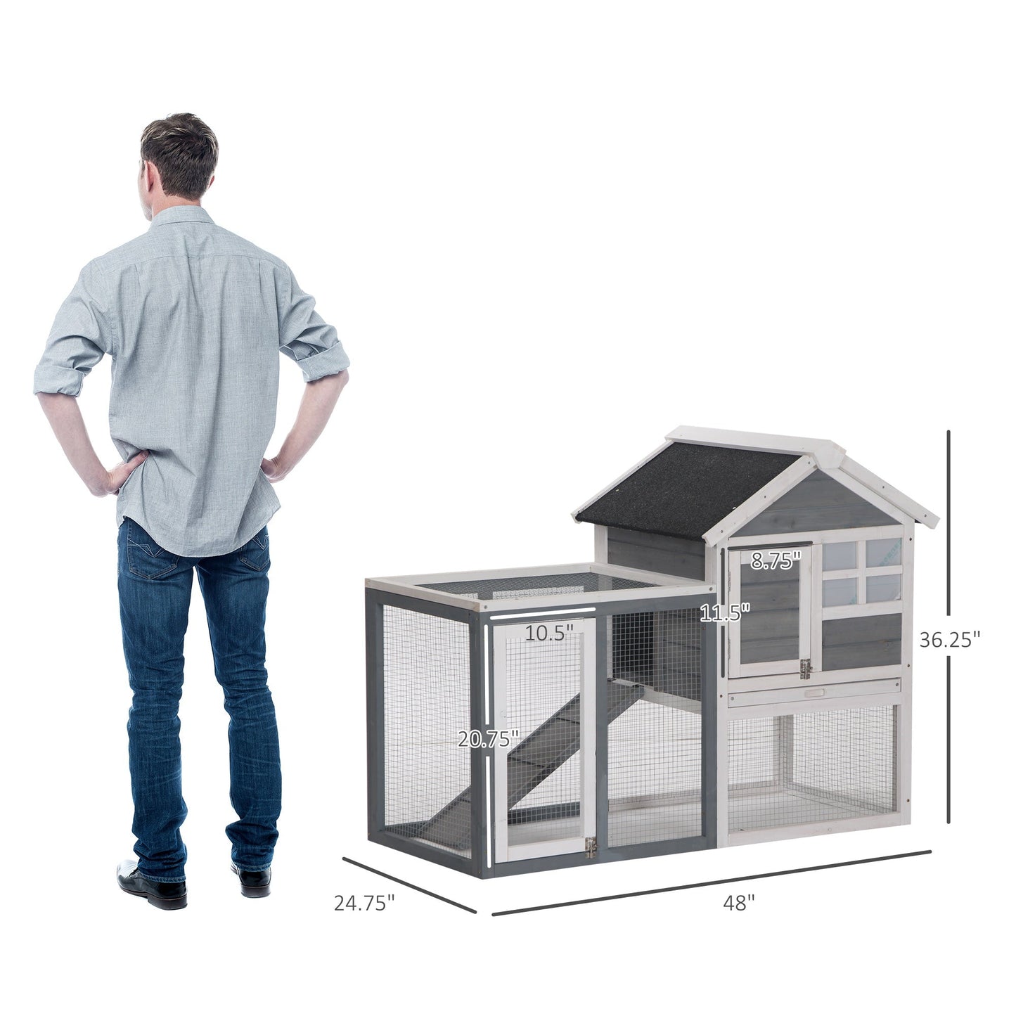 48" Weatherproof Wooden Rabbit Hutch With Slant Roof And Screened Outdoor Run, Grey Rabbit Hutch White and Grey  at Gallery Canada