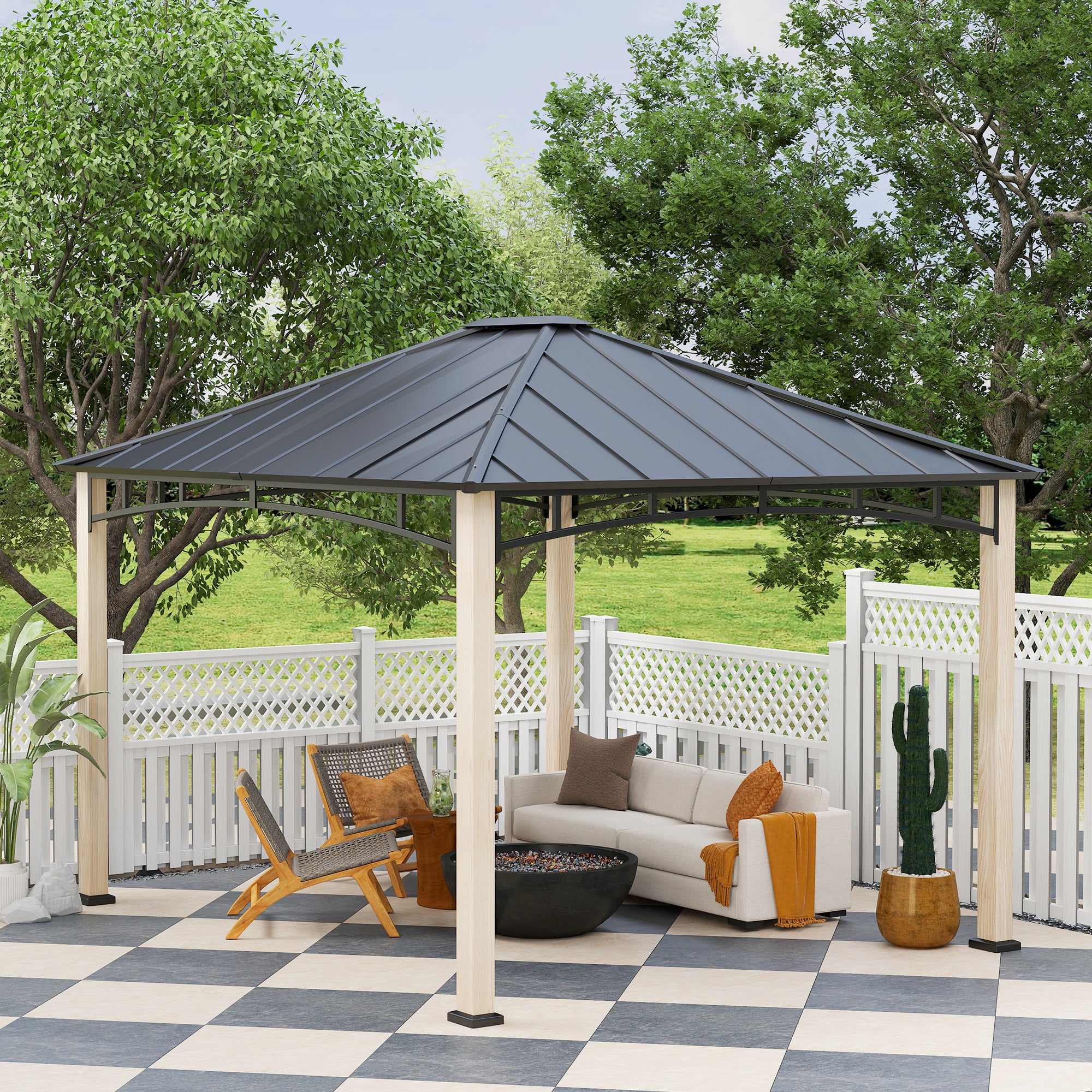 10' x 12' Hardtop Gazebo with Metal Roof, Wood Grain Frame Outdoor Gazebo Canopy for Patio, Garden, Backyard, Lawn Gazebos at Gallery Canada