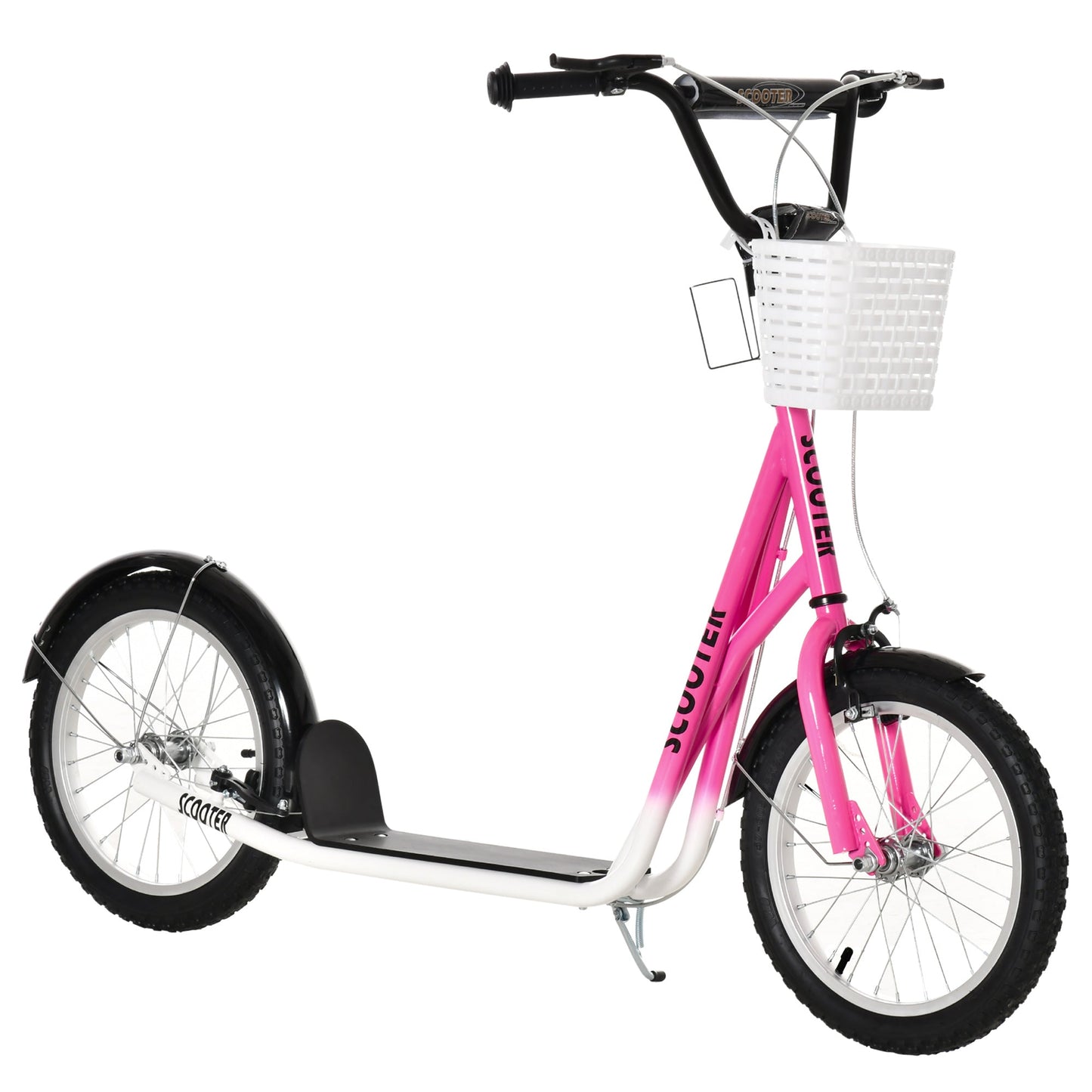 Kick Scooter for kids Teen Ride On Children Scooter with Adjustable Handlebar 2 Brakes Basket Cupholder Mudguard 16" Inflatable Rubber Tyres Pink Scooters Multi Colour  at Gallery Canada