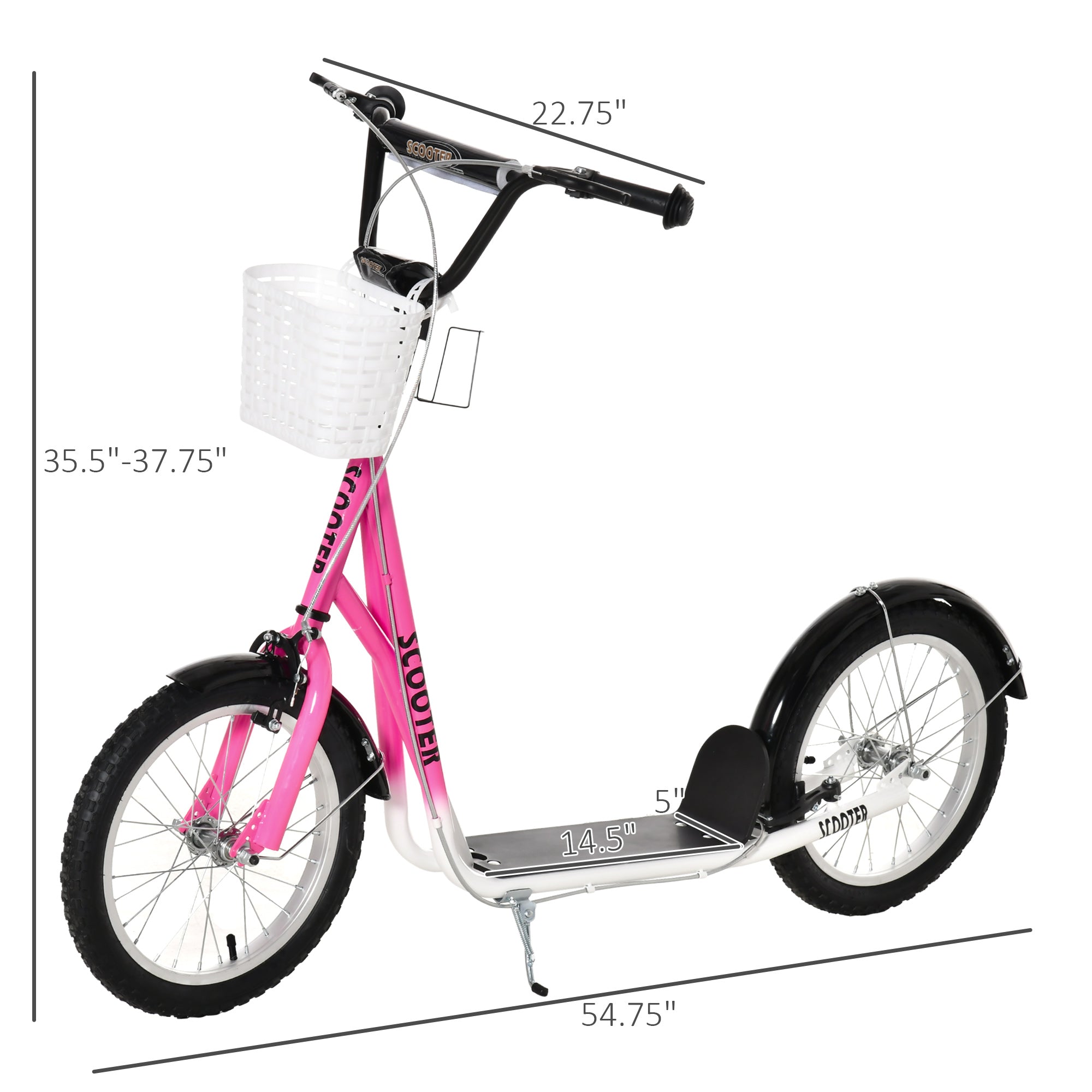 Kick Scooter for kids Teen Ride On Children Scooter with Adjustable Handlebar 2 Brakes Basket Cupholder Mudguard 16