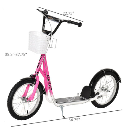 Kick Scooter for kids Teen Ride On Children Scooter with Adjustable Handlebar 2 Brakes Basket Cupholder Mudguard 16" Inflatable Rubber Tyres Pink Scooters   at Gallery Canada