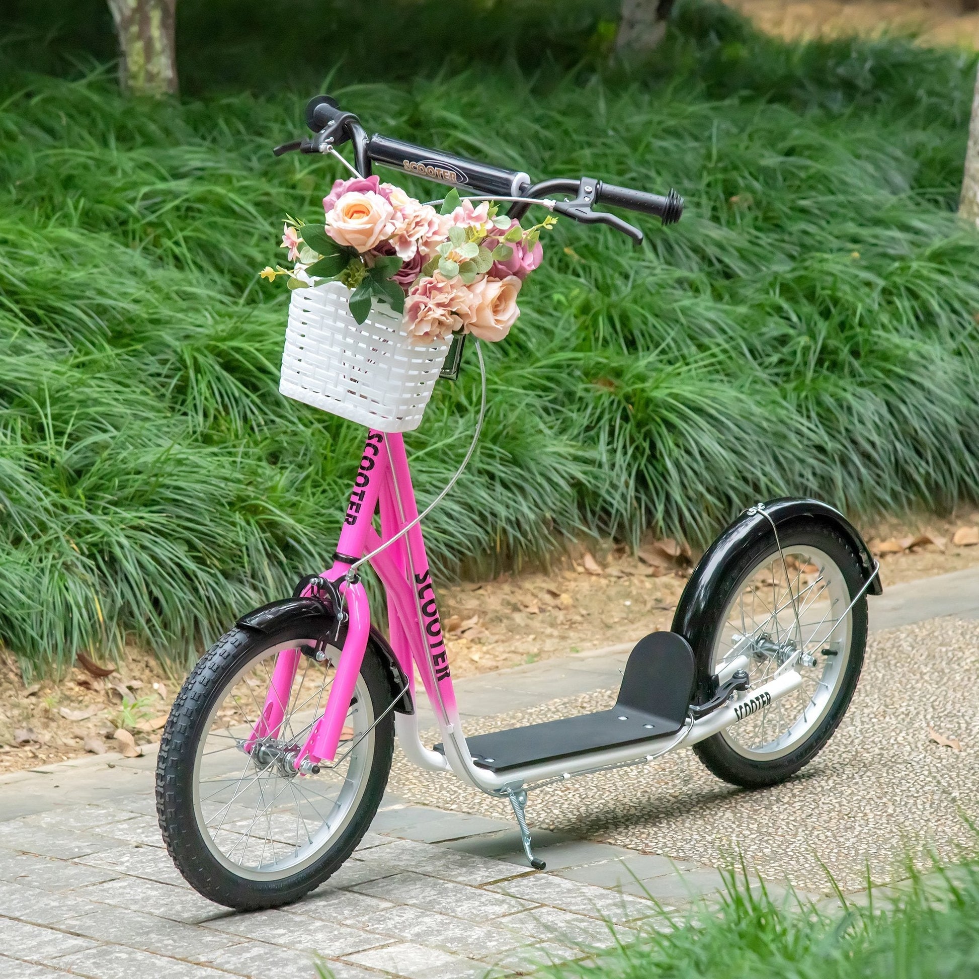 Kick Scooter for kids Teen Ride On Children Scooter with Adjustable Handlebar 2 Brakes Basket Cupholder Mudguard 16" Inflatable Rubber Tyres Pink Scooters   at Gallery Canada