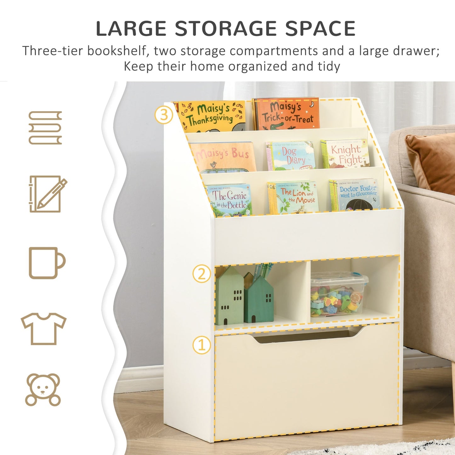 Kids Bookcase Multi-Shelf Rack Organizer with Storage Drawer for Books for Reading Nook, Classroom, Bedroom, Playroom, White Baby & Kids Storage   at Gallery Canada