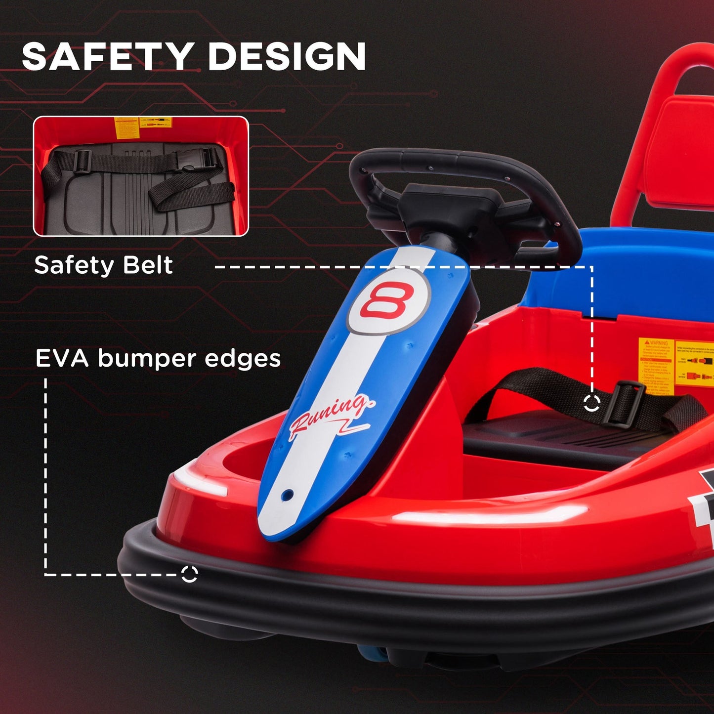 6V Kids Bumper Car with 360° Rotation, Music, Horn, Lights, Safety Belt - Red Electric Toy Cars   at Gallery Canada