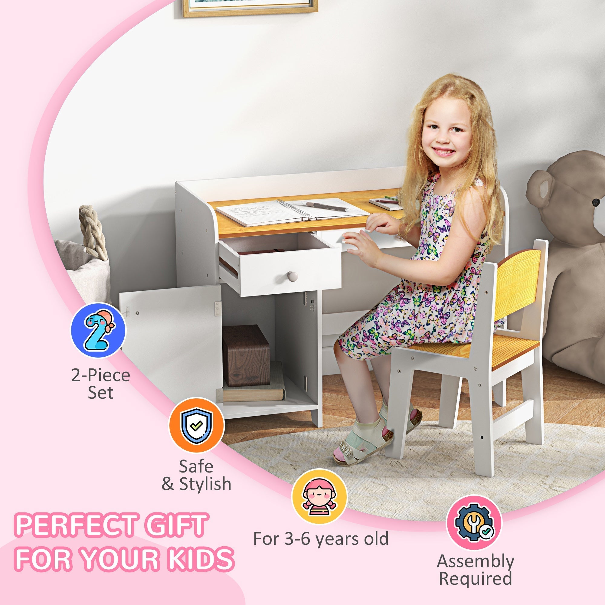 Kids Desk and Chair Set for 3-6 Year Old with Storage Drawer, Study Table and Chair for Children, White Kids Desk Sets   at Gallery Canada