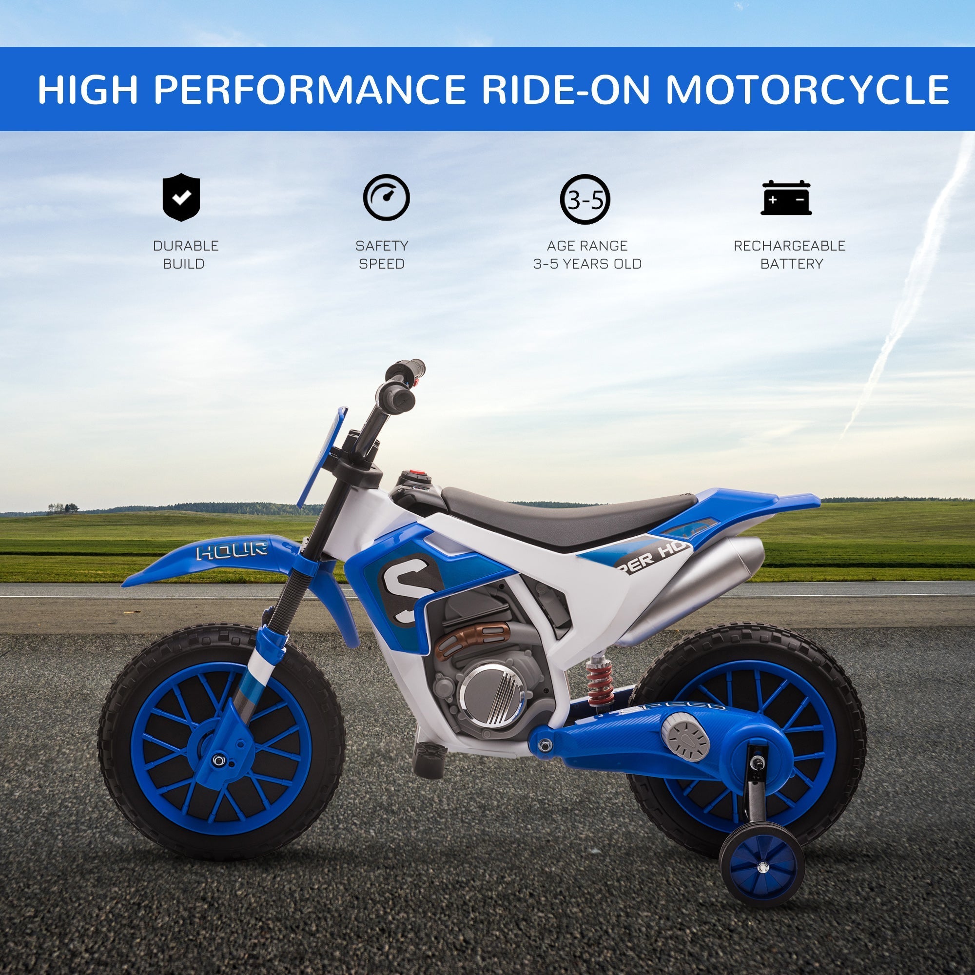 Kids Dirt Bike Battery-Powered Ride-On Electric Motorcycle with Charging 12V Battery, Training Wheels Blue Electric Motorcycles   at Gallery Canada