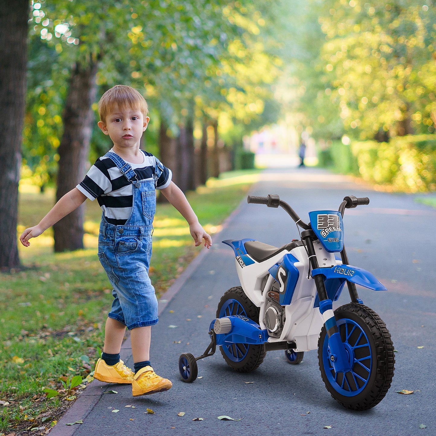 Kids Dirt Bike Battery-Powered Ride-On Electric Motorcycle with Charging 12V Battery, Training Wheels Blue Electric Motorcycles   at Gallery Canada