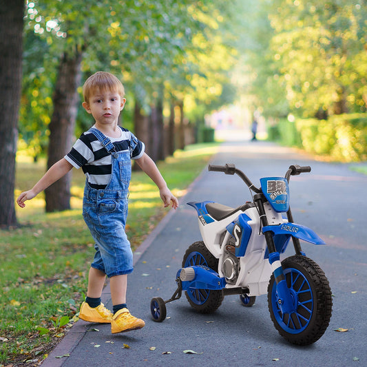 Kids Dirt Bike Battery-Powered Ride-On Electric Motorcycle with Charging 12V Battery, Training Wheels Blue Electric Motorcycles Blue  at Gallery Canada