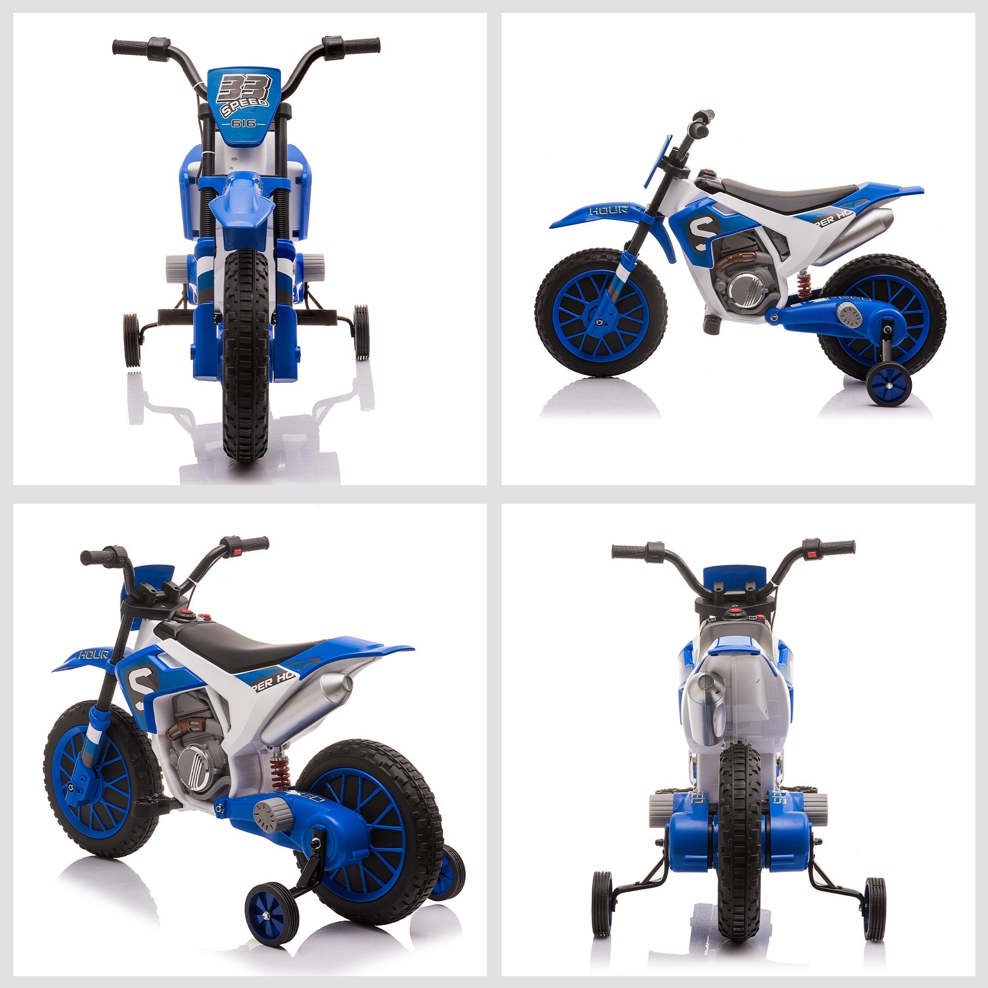 Kids Dirt Bike Battery-Powered Ride-On Electric Motorcycle with Charging 12V Battery, Training Wheels Blue Electric Motorcycles   at Gallery Canada