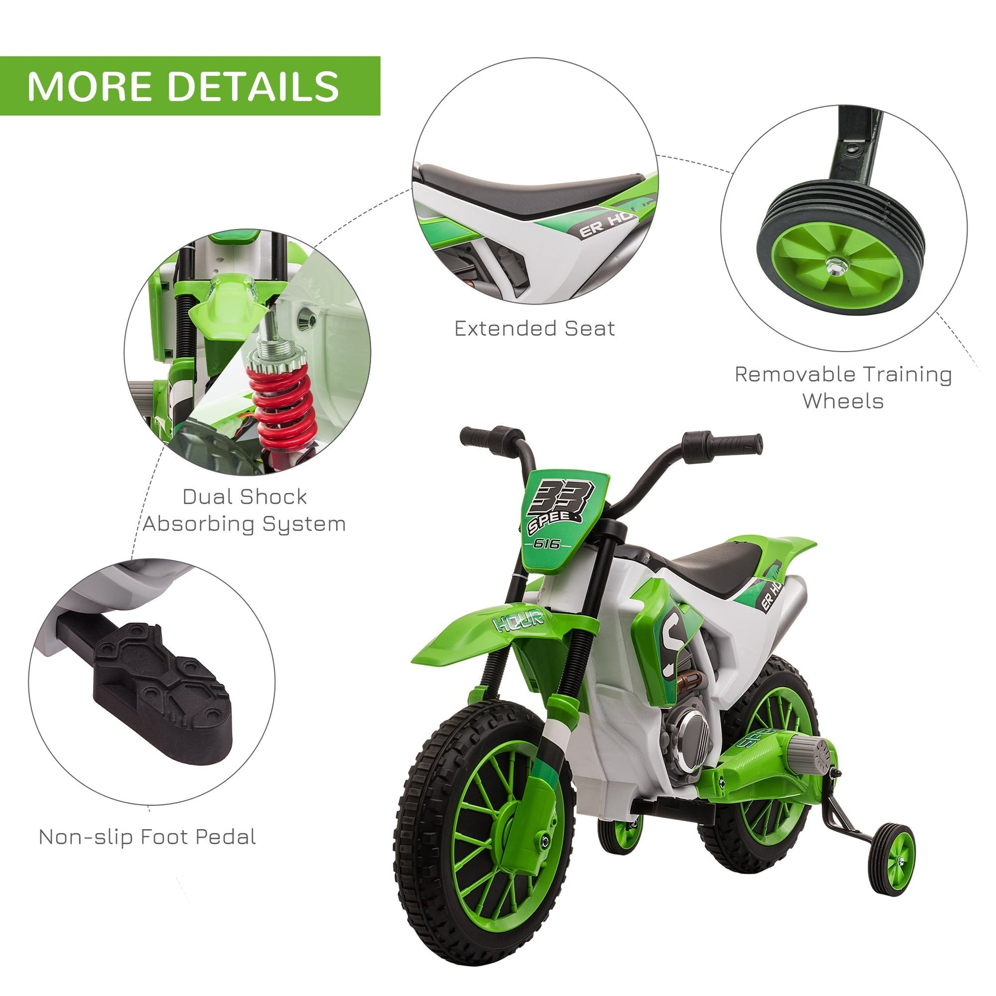 Kids Dirt Bike Battery-Powered Ride-On Electric Motorcycle with Charging 12V Battery, Training Wheels Green Electric Motorcycles   at Gallery Canada