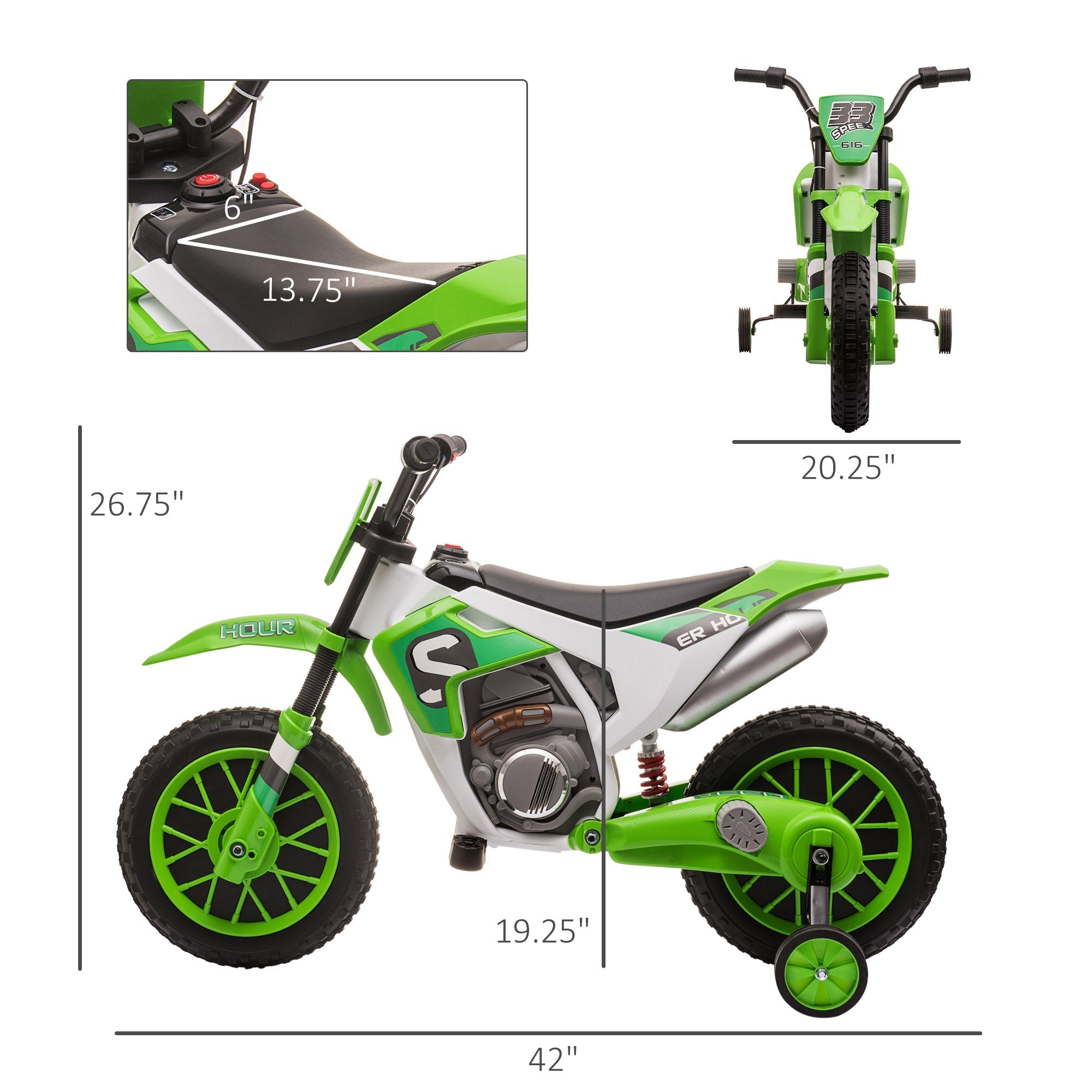 Kids Dirt Bike Battery-Powered Ride-On Electric Motorcycle with Charging 12V Battery, Training Wheels Green Electric Motorcycles   at Gallery Canada