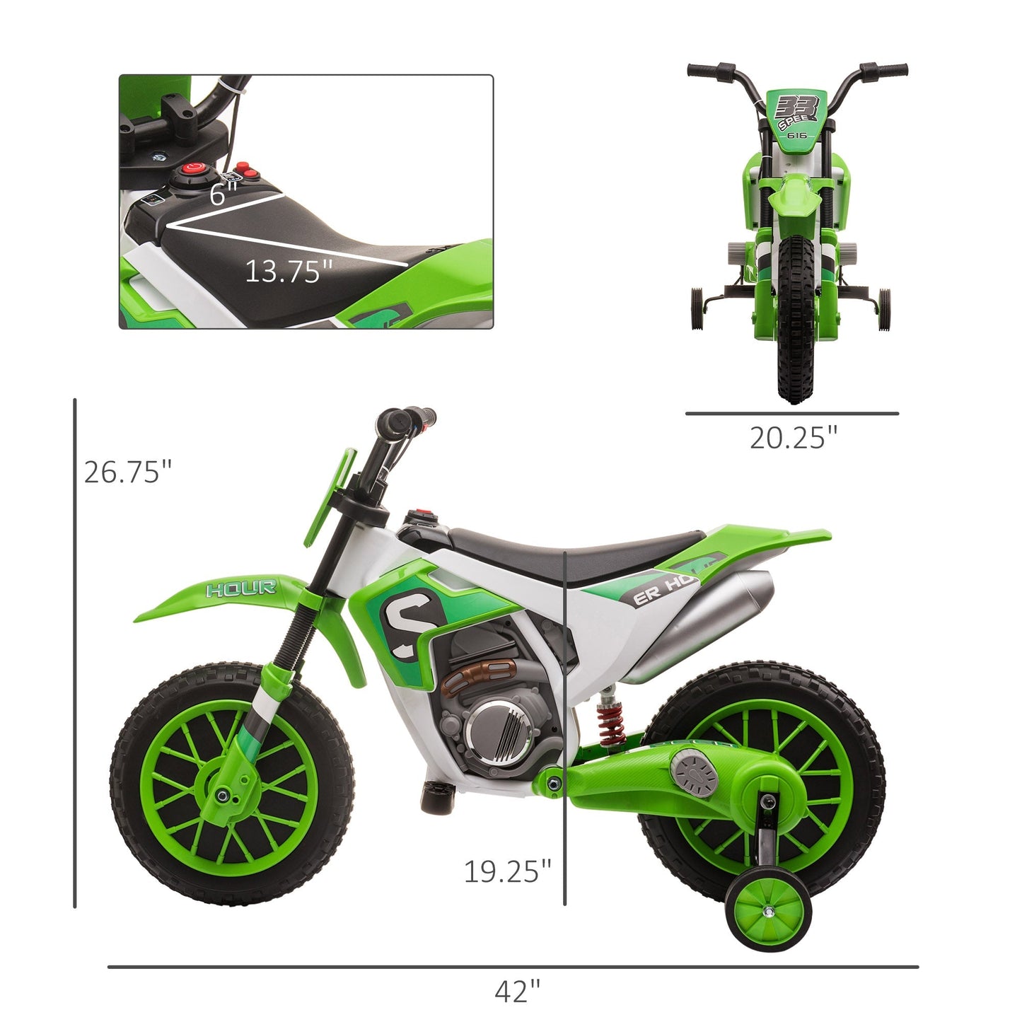 Kids Dirt Bike Battery-Powered Ride-On Electric Motorcycle with Charging 12V Battery, Training Wheels Green Electric Motorcycles   at Gallery Canada