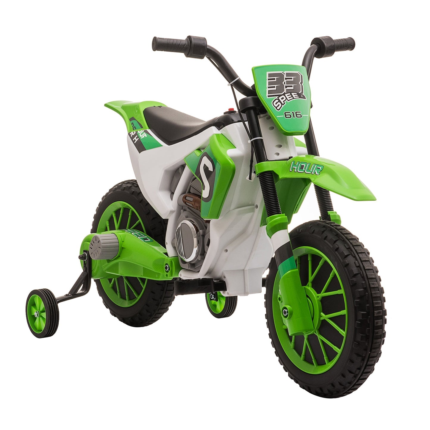 Kids Dirt Bike Battery-Powered Ride-On Electric Motorcycle with Charging 12V Battery, Training Wheels Green Electric Motorcycles Green  at Gallery Canada