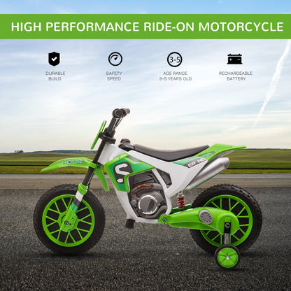 Kids Dirt Bike Battery-Powered Ride-On Electric Motorcycle with Charging 12V Battery, Training Wheels Green Electric Motorcycles   at Gallery Canada