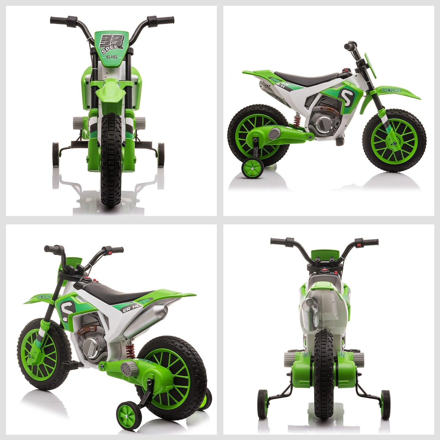 Kids Dirt Bike Battery-Powered Ride-On Electric Motorcycle with Charging 12V Battery, Training Wheels Green Electric Motorcycles   at Gallery Canada