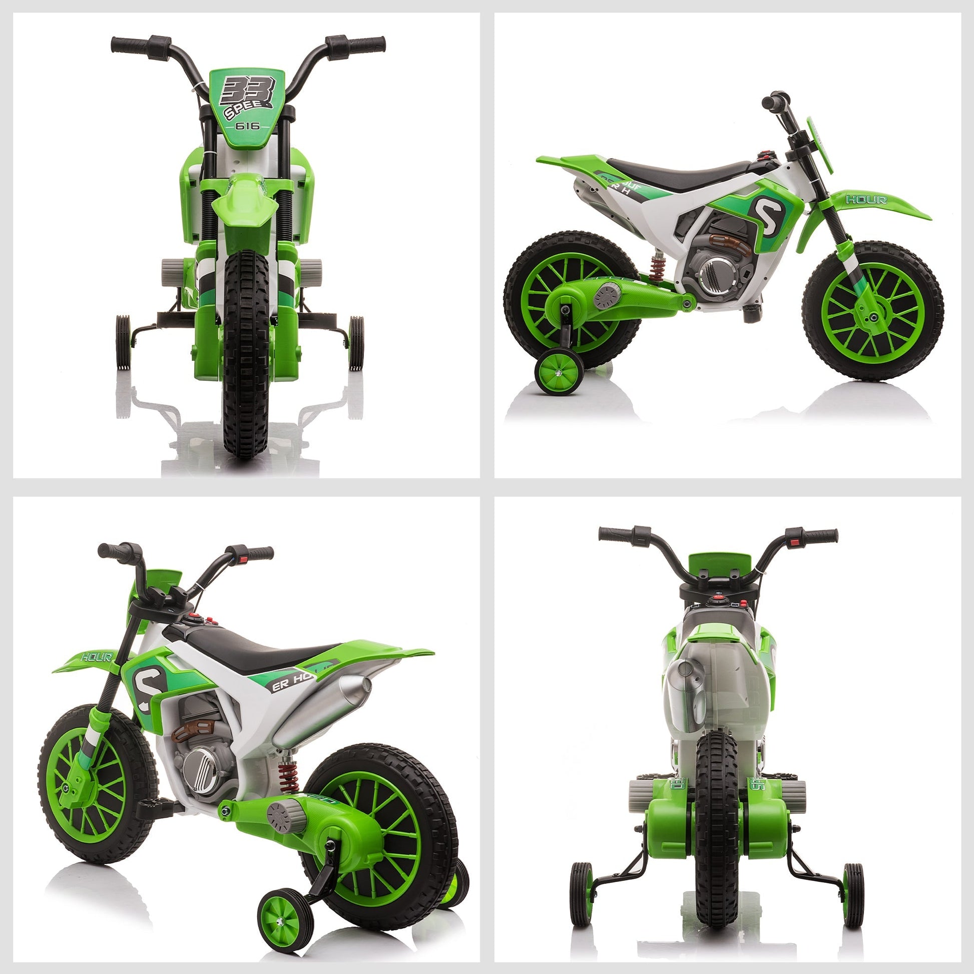 Kids Dirt Bike Battery-Powered Ride-On Electric Motorcycle with Charging 12V Battery, Training Wheels Green Electric Motorcycles   at Gallery Canada