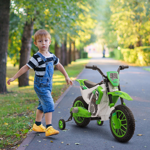 Kids Dirt Bike Battery-Powered Ride-On Electric Motorcycle with Charging 12V Battery, Training Wheels Green