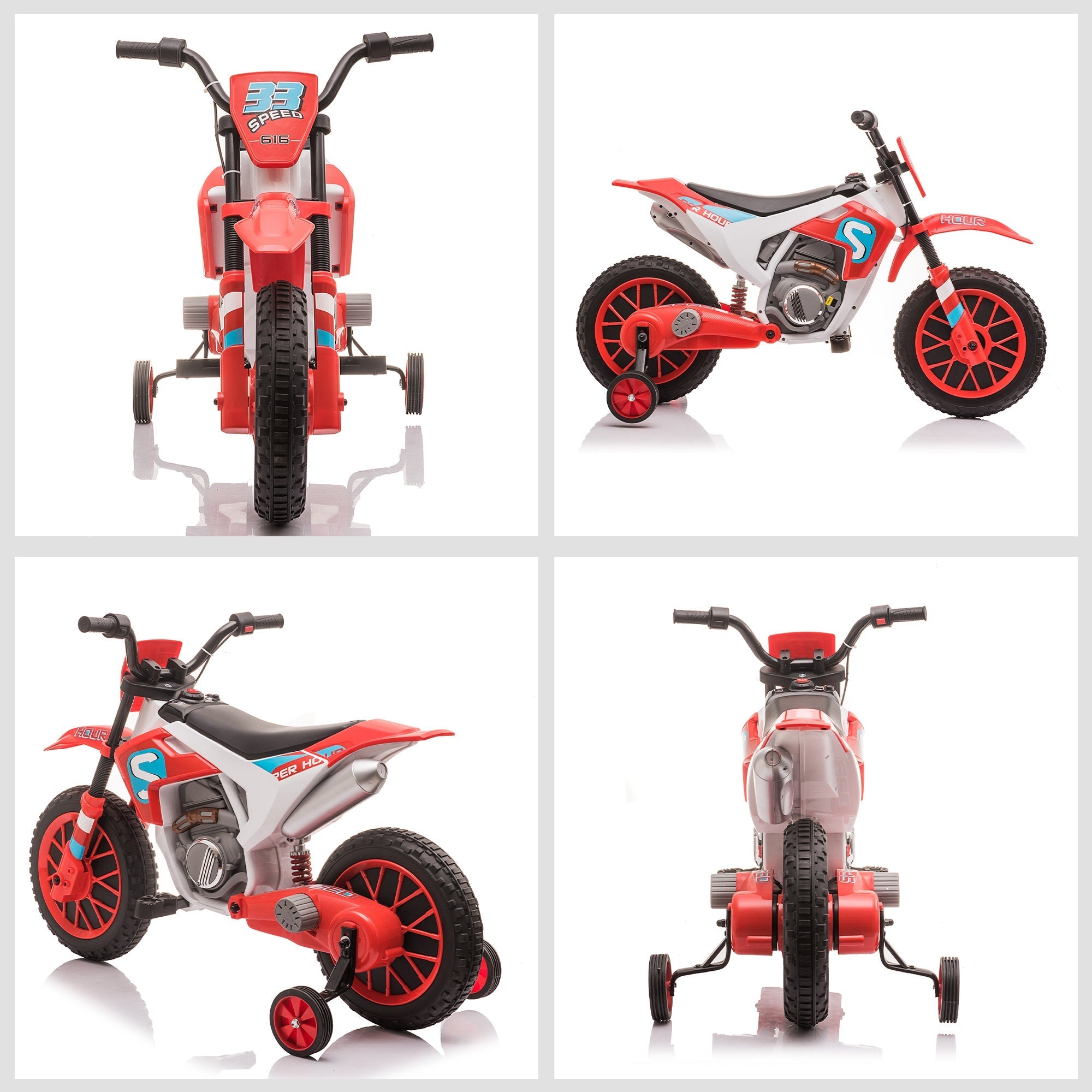 Kids Dirt Bike Battery-Powered Ride-On Electric Motorcycle with Charging 12V Battery, Training Wheels Red Electric Motorcycles   at Gallery Canada